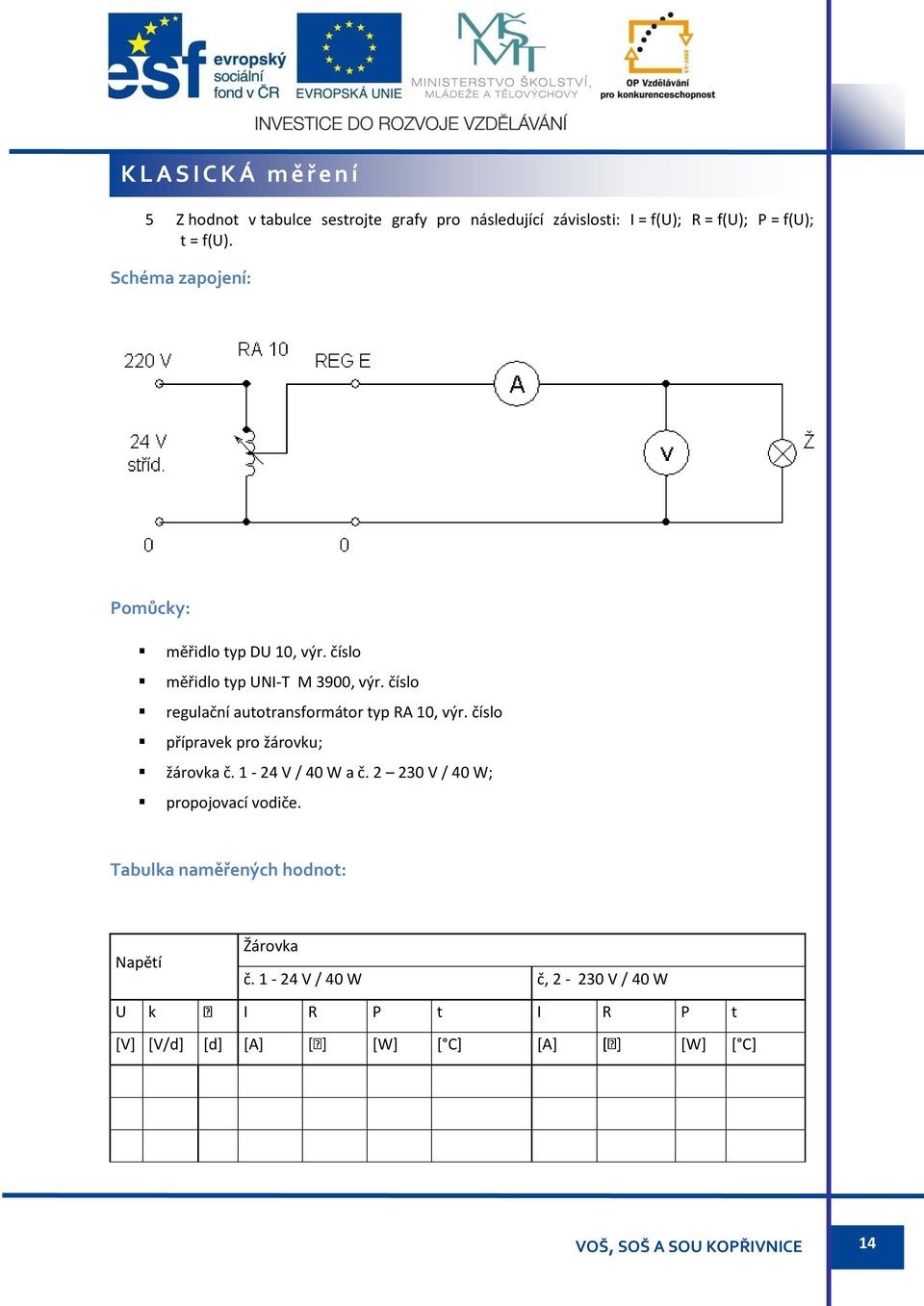 číslo regulační autotransformátor typ RA 10, výr. číslo přípravek pro žárovku; žárovka č. 1-24 V / 40 W a č.