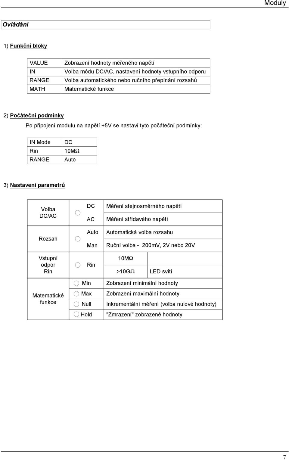 parametrů Volba DC/AC Rozsah DC AC Auto Man Měření stejnosměrného napětí Měření střídavého napětí Automatická volba rozsahu Ruční volba 200mV, 2V nebo 20V Vstupní odpor Rin