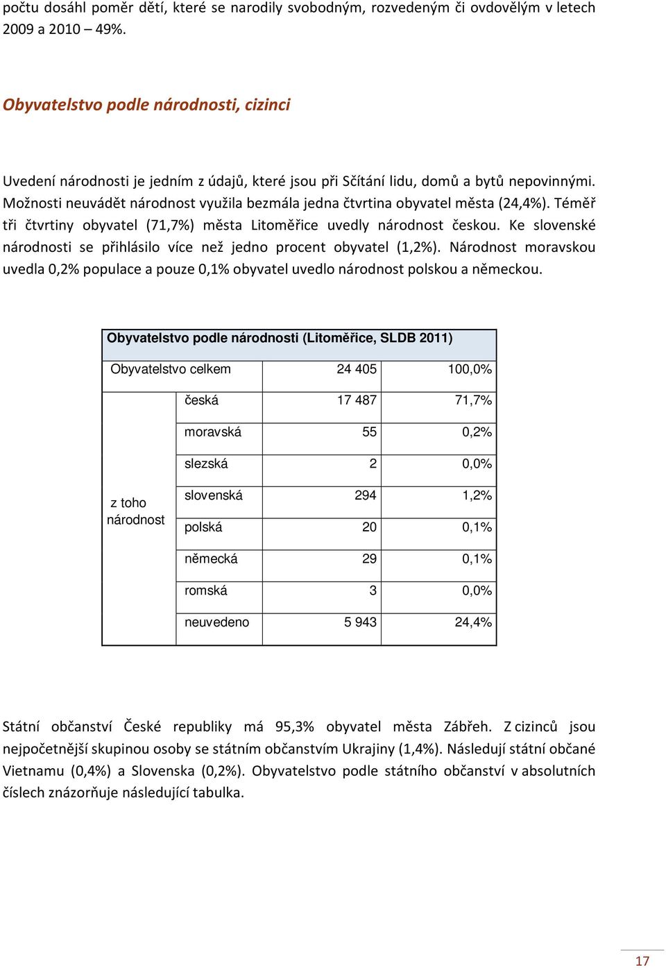 Možnosti neuvádět národnost využila bezmála jedna čtvrtina obyvatel města (24,4%). Téměř tři čtvrtiny obyvatel (71,7%) města Litoměřice uvedly národnost českou.