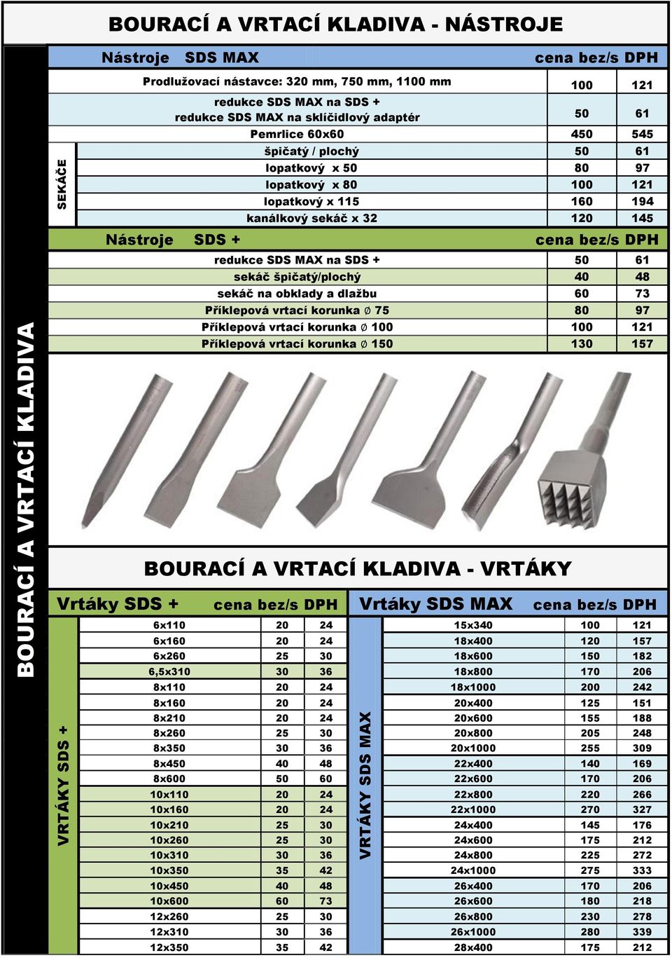 cena / redukce SDS MAX na SDS + 50 61 ekáč špičatý/plochý 40 48 ekáč na obklady a dlažbu 60 73 Příklepová vrtací korunka 75 80 97 Příklepová vrtací korunka 100 100 121 Příklepová vrtací korunka 150