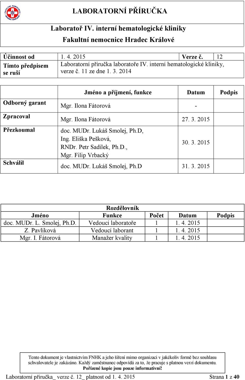 MUDr. Lukáš Smolej, Ph.D, Ing. Eliška Pešková, RNDr. Petr Sadílek, Ph.D., Mgr. Filip Vrbacký 30. 3. 2015 doc. MUDr. Lukáš Smolej, Ph.D 31. 3. 2015 Rozdělovník Jméno Funkce Počet Datum Podpis doc.