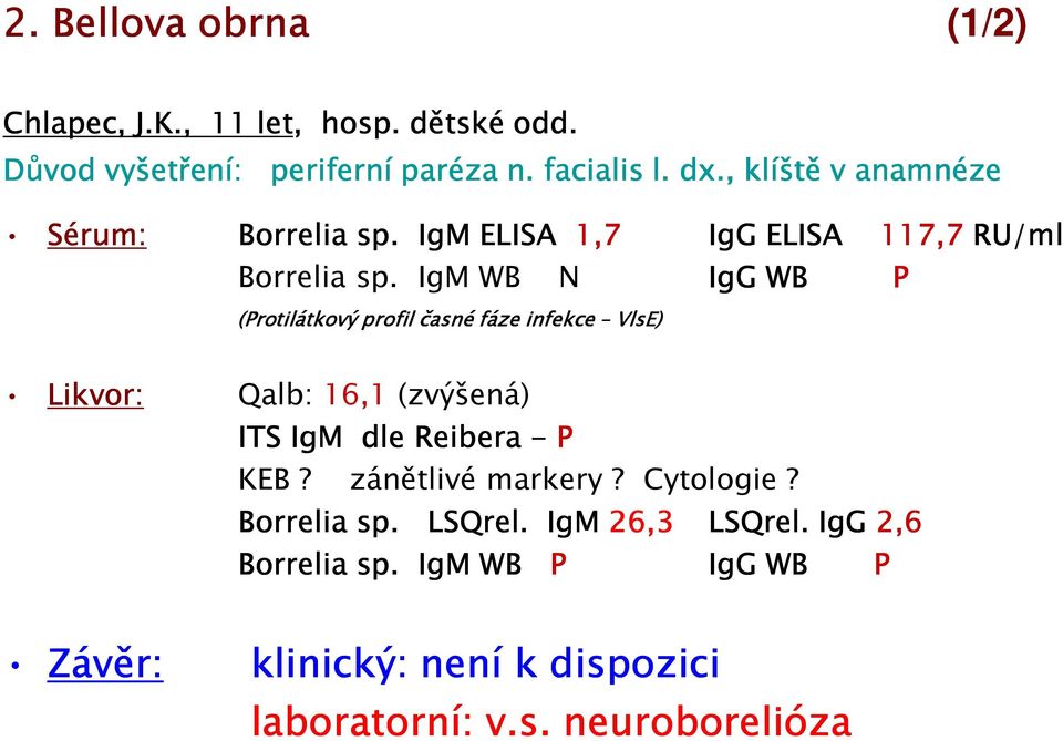 IgM WB N IgG WB P (Protilátkový profil časné fáze infekce VlsE) Likvor: Qalb: 16,1 (zvýšená) ITS IgM dle Reibera - P KEB?