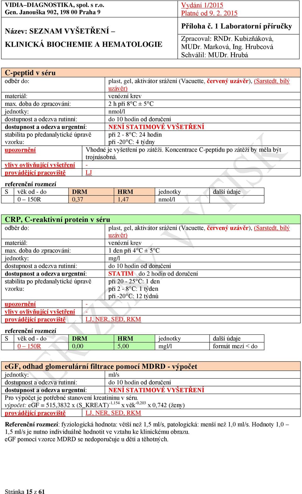 provádějící pracoviště LJ 0 150R 0,37 1,47 nmol/l CRP, C-reaktivní protein v séru plast, gel, aktivátor srážení (Vacuette, červený, (Sarstedt, bílý max.