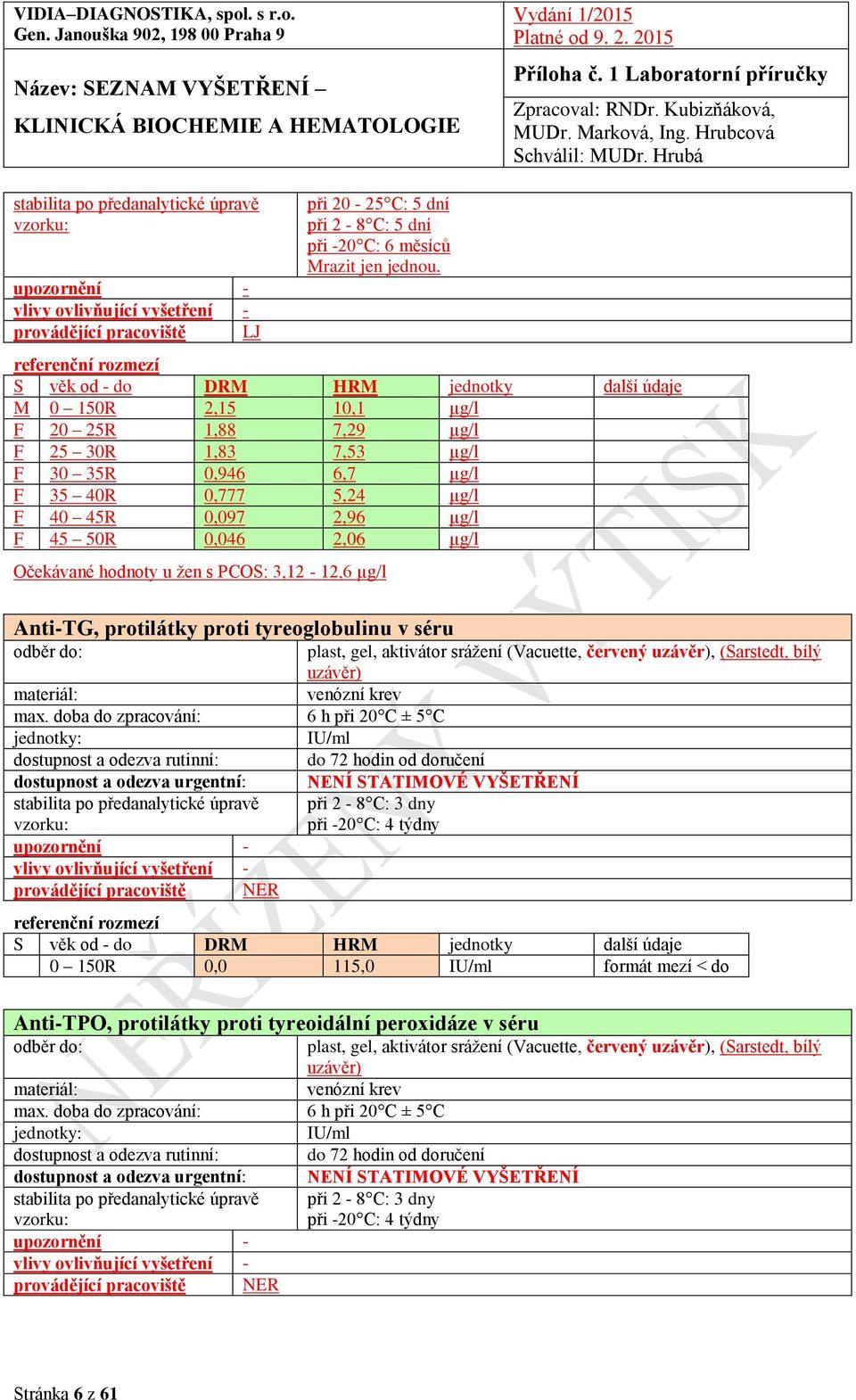 PCOS: 3,12-12,6 µg/l Anti-TG, protilátky proti tyreoglobulinu v séru plast, gel, aktivátor srážení (Vacuette, červený, (Sarstedt, bílý max.