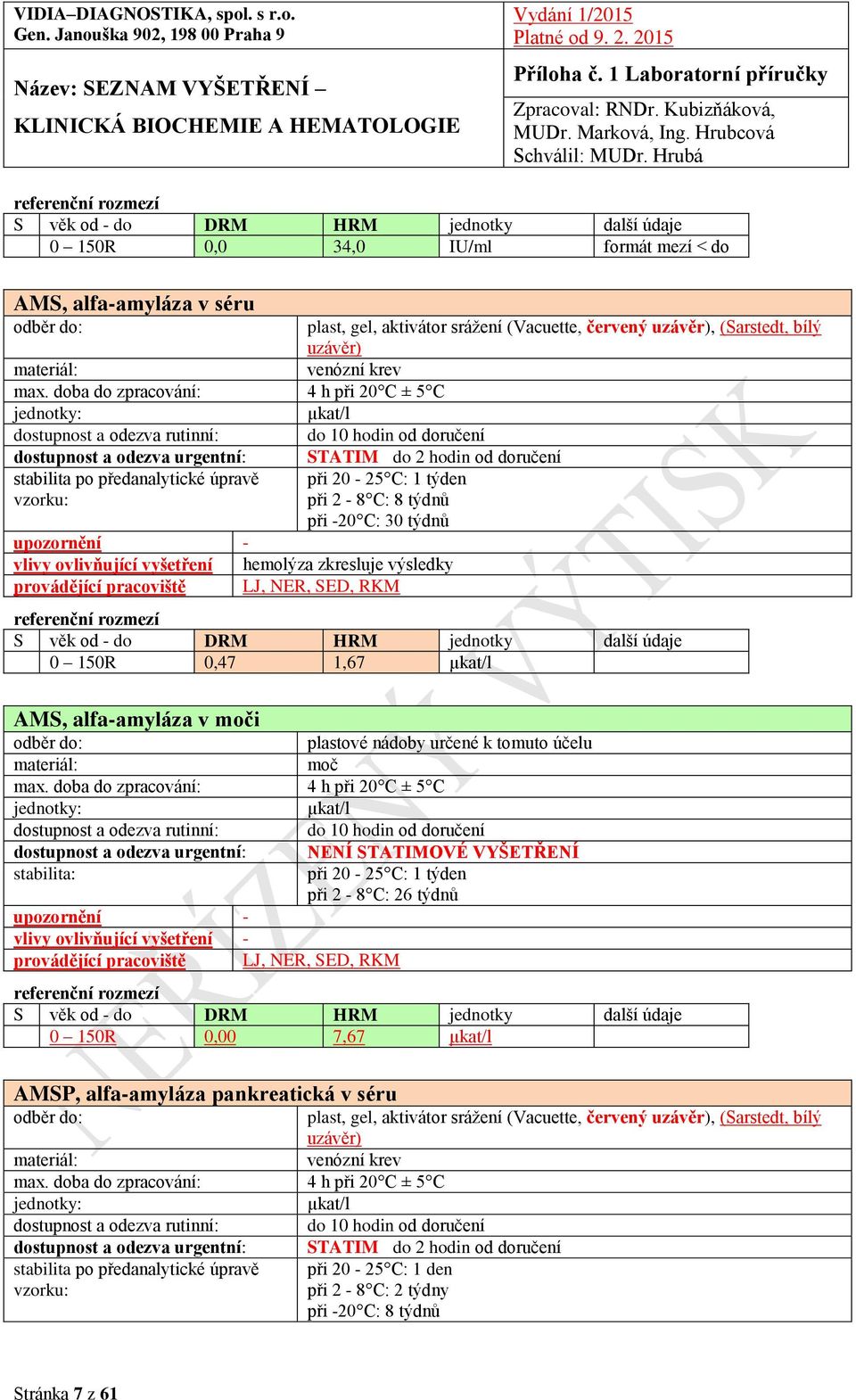 plastové nádoby určené k tomuto účelu moč µkat/l při 20-25 C: 1 týden při 2-8 C: 26 týdnů 0 150R 0,00 7,67 µkat/l AMSP, alfa-amyláza pankreatická v