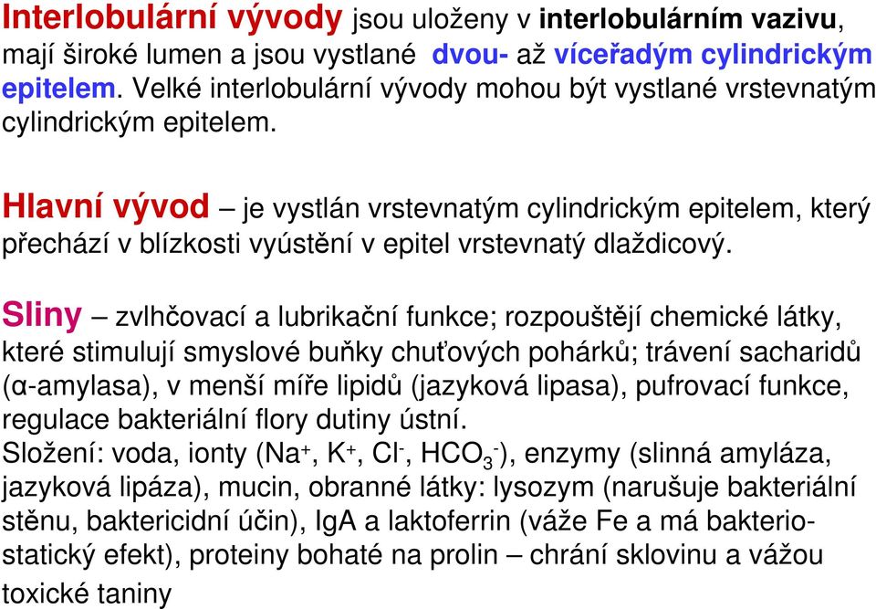 Hlavní vývod je vystlán vrstevnatým cylindrickým epitelem, který přechází v blízkosti vyústění v epitel vrstevnatý dlaždicový.