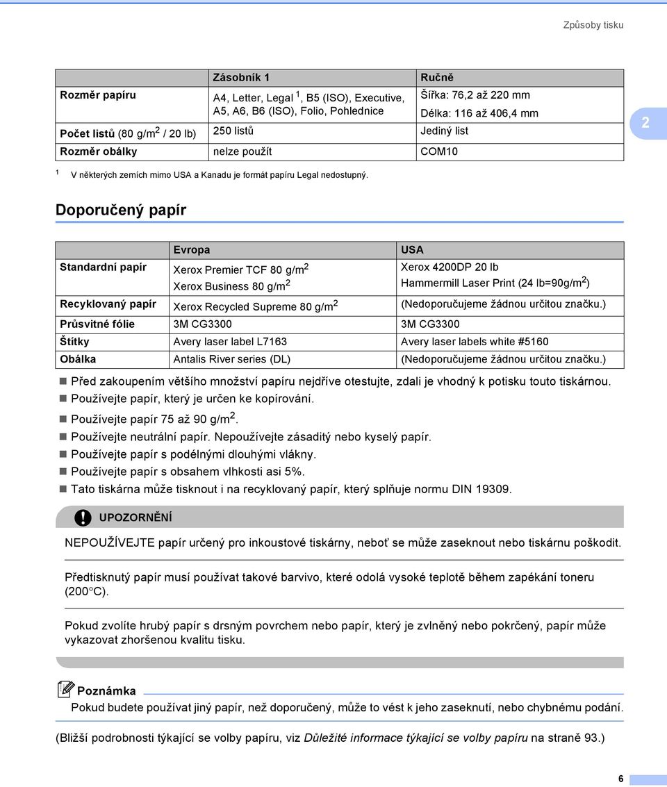 Doporučený papír 2 Evropa US Standardní papír Xerox Premier TCF 80 g/m 2 Xerox 4200DP 20 lb Xerox Business 80 g/m 2 Hammermill Laser Print (24 lb=90g/m 2 ) Recyklovaný papír Xerox Recycled Supreme 80