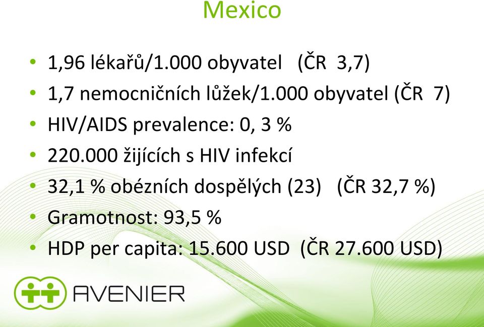 000 obyvatel (ČR 7) HIV/AIDS prevalence: 0, 3 % 220.
