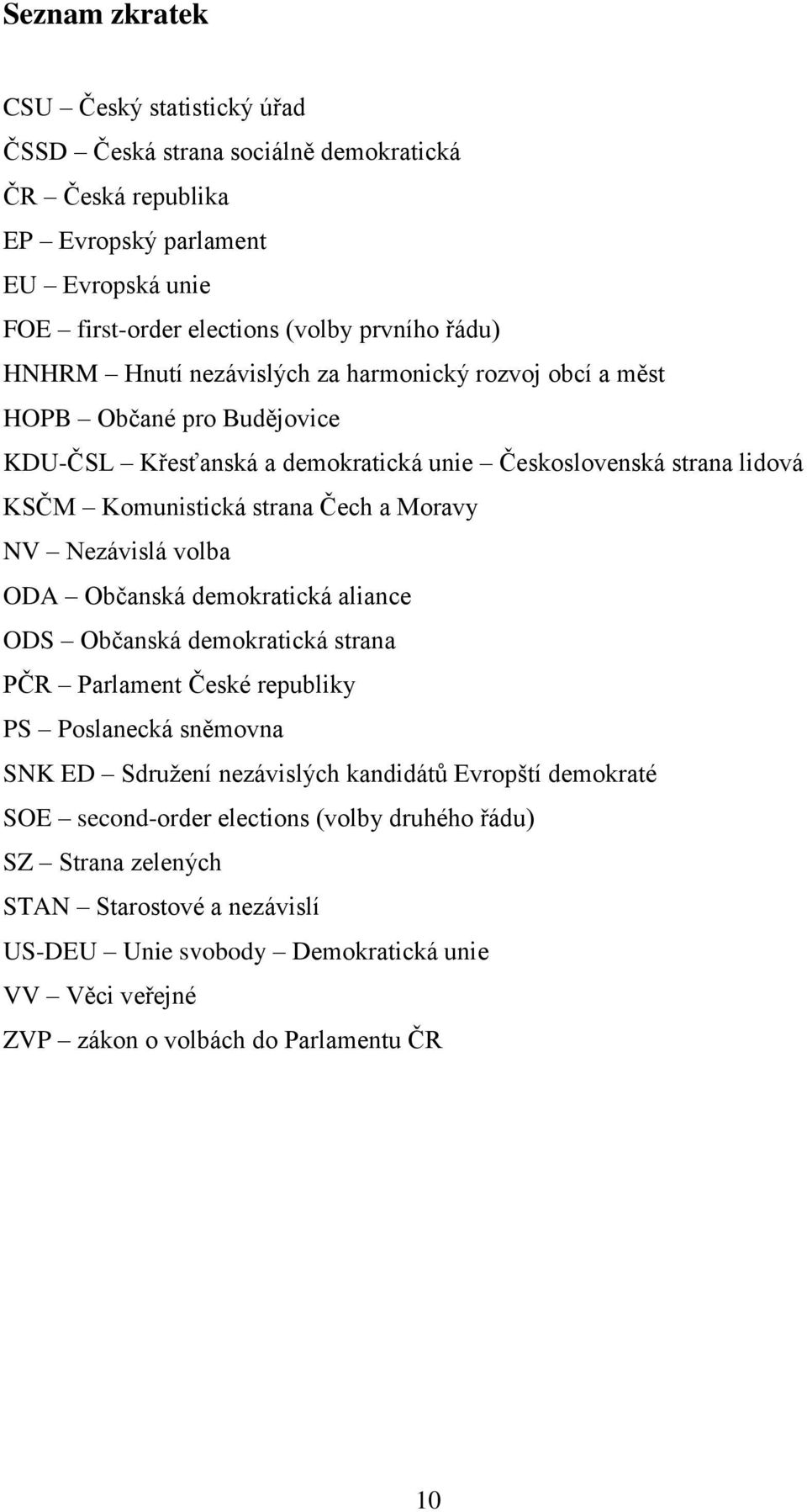 NV Nezávislá volba ODA Občanská demokratická aliance ODS Občanská demokratická strana PČR Parlament České republiky PS Poslanecká sněmovna SNK ED Sdružení nezávislých kandidátů Evropští