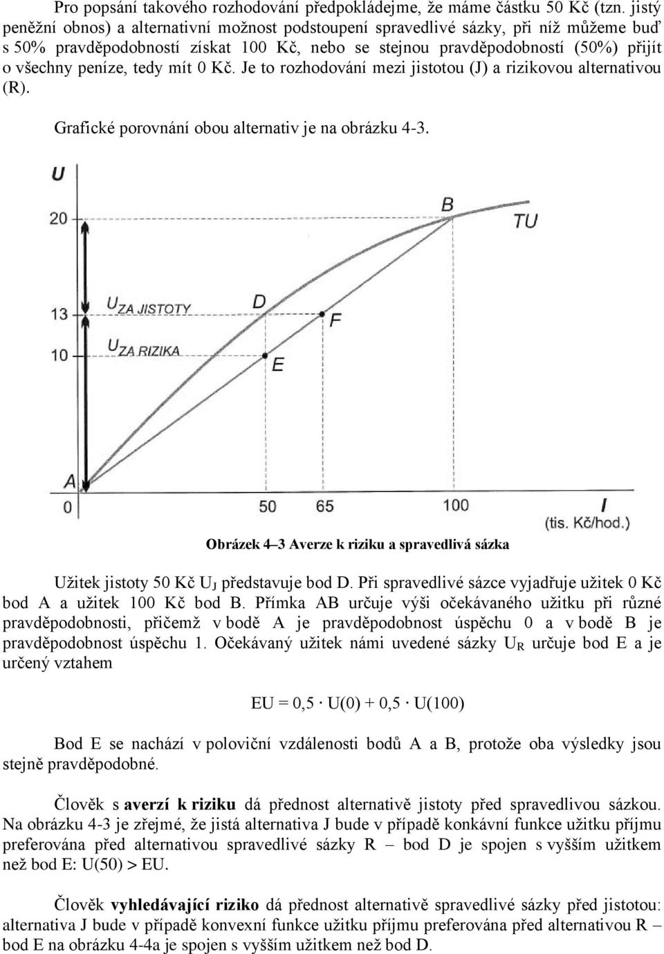 tedy mít 0 Kč. Je to rozhodování mezi jistotou (J) a rizikovou alternativou (R). Grafické porovnání obou alternativ je na obrázku 4-3.