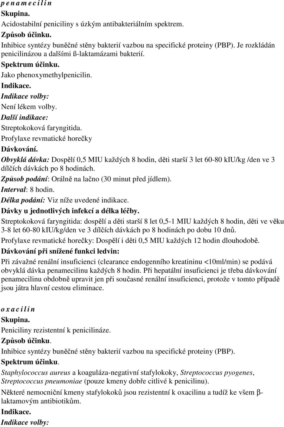 Profylaxe revmatické horečky Obvyklá dávka: Dospělí 0,5 MIU každých 8 hodin, děti starší 3 let 60-80 kiu/kg /den ve 3 dílčích dávkách po 8 hodinách.