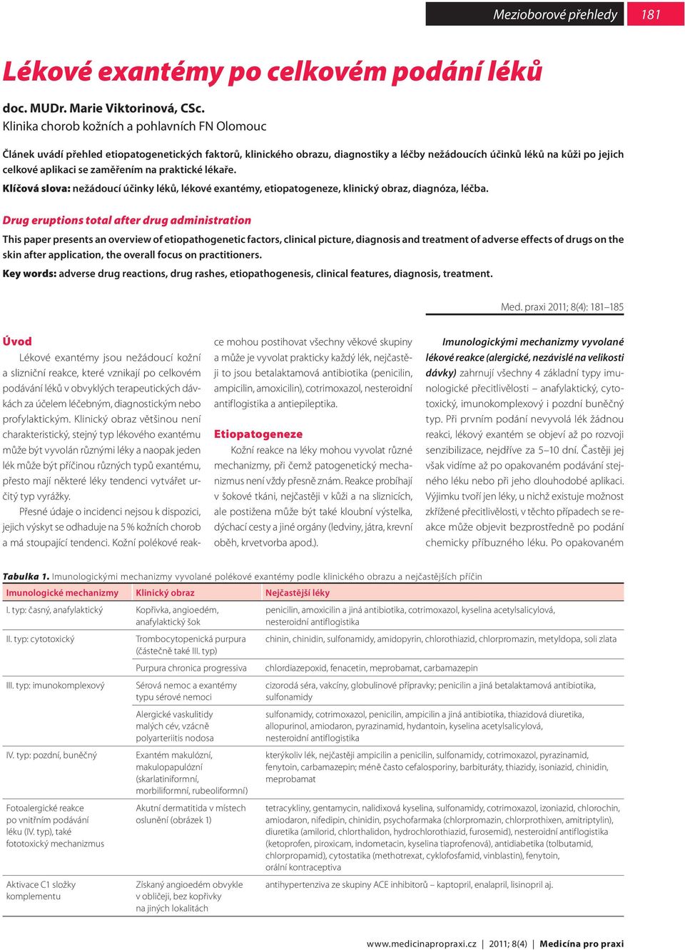 zaměřením na praktické lékaře. Klíčová slova: nežádoucí účinky léků, lékové exantémy, etiopatogeneze, klinický obraz, diagnóza, léčba.