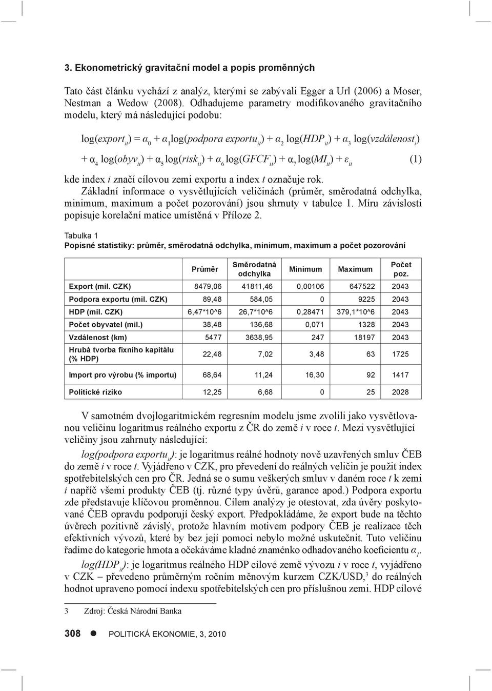 it ) + α 5 log(risk it ) + α 6 log(gfcf it ) + α 7 log(mi it ) + ε it (1) kde index i značí cílovou zemi exportu a index t označuje rok.