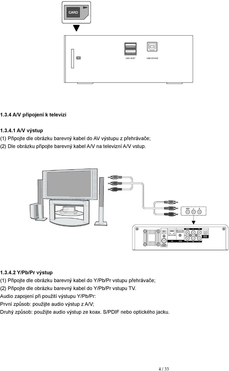 1 A/V výstup (1) Připojte dle obrázku barevný kabel do AV výstupu z přehrávače; (2) Dle obrázku připojte barevný kabel A/V na