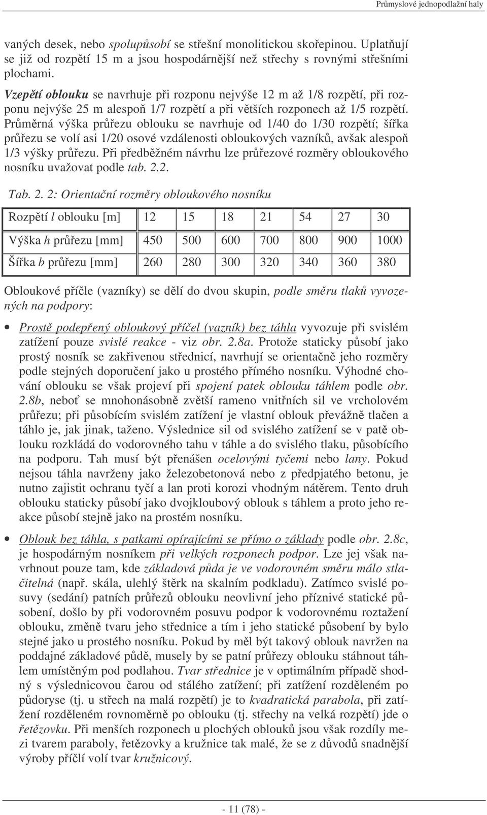 Prmrná výška prezu oblouku se navrhuje od 1/40 do 1/30 rozptí; šíka prezu se volí asi 1/0 osové vzdálenosti obloukových vazník, avšak alespo 1/3 výšky prezu.