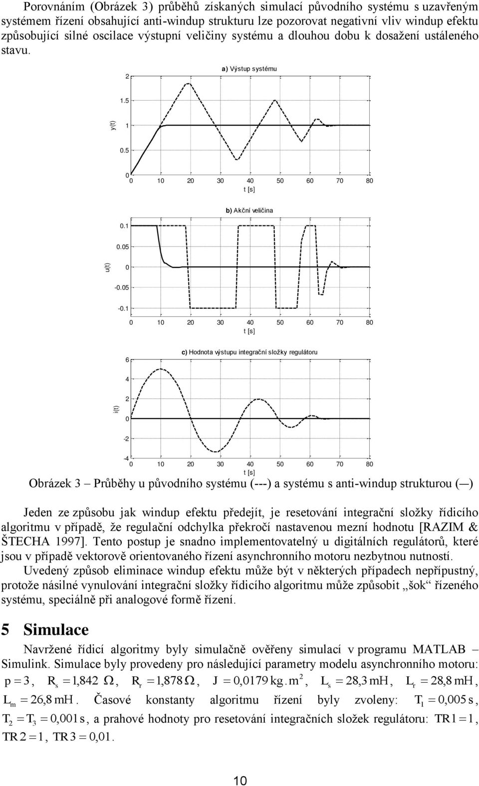 0 0 20 30 40 50 60 70 80 t [s] 6 c) Hodnota výstupu integrační složky regulátoru 4 2 i(t) 0-2 -4 0 0 20 30 40 50 60 70 80 t [s] Obrázek 3 Průběhy u původního systému (---) a systému s anti-windup