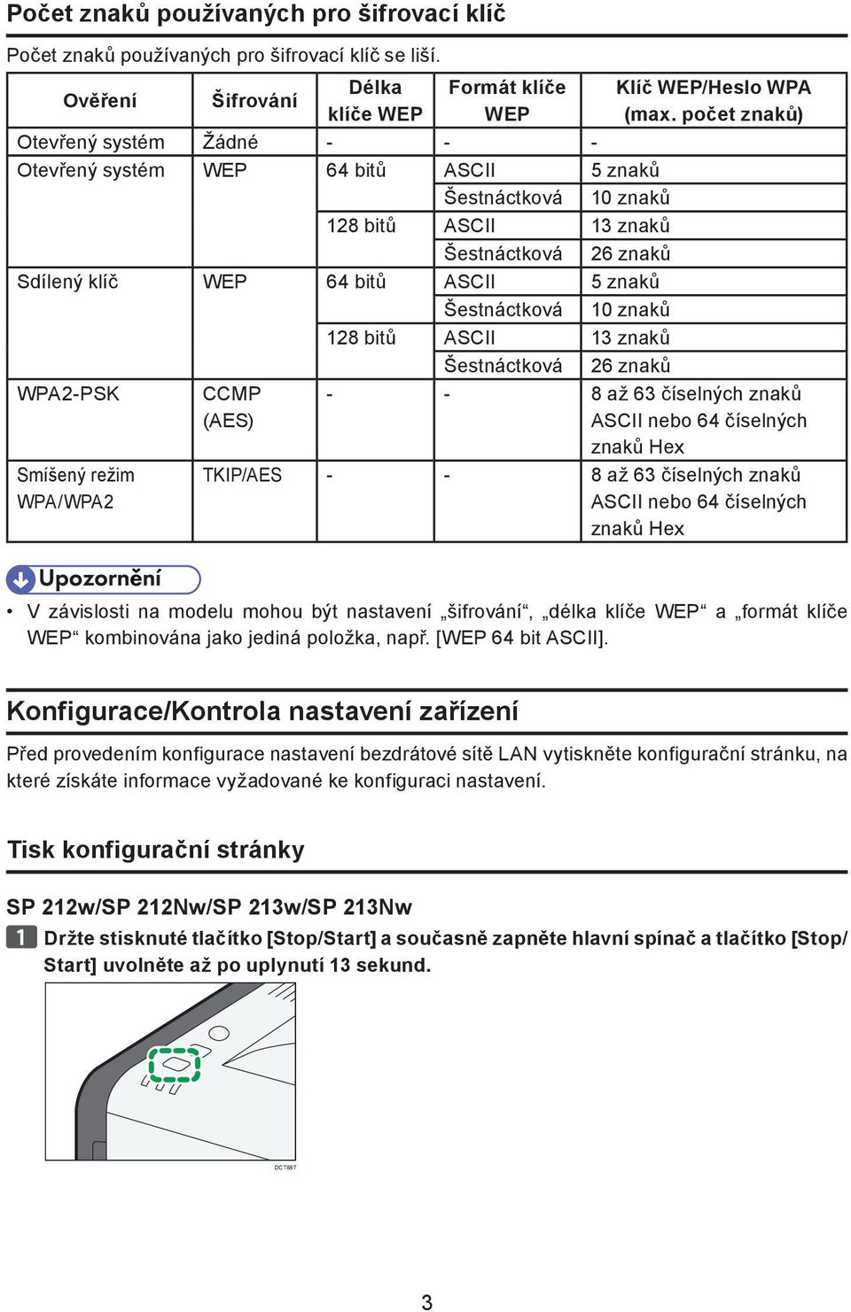 klíč WEP 64 bitů ASCII 5 znaků Šestnáctková 10 znaků 128 bitů ASCII 13 znaků Šestnáctková 26 znaků WPA2-PSK Smíšený režim WPA/WPA2 CCMP (AES) Klíč WEP/Heslo WPA (max.