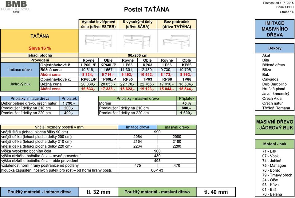 Jádrový Běžná cena Příplatky imitace Dekor bělené dřevo, ořech natur Prodloužení délky na 210 cm Prodloužení délky na 220 cm 90x200 cm LP60L/P KP60L/P LP63 KP63 LP66 KP66 10 516,- 11 567,- 11 301,-