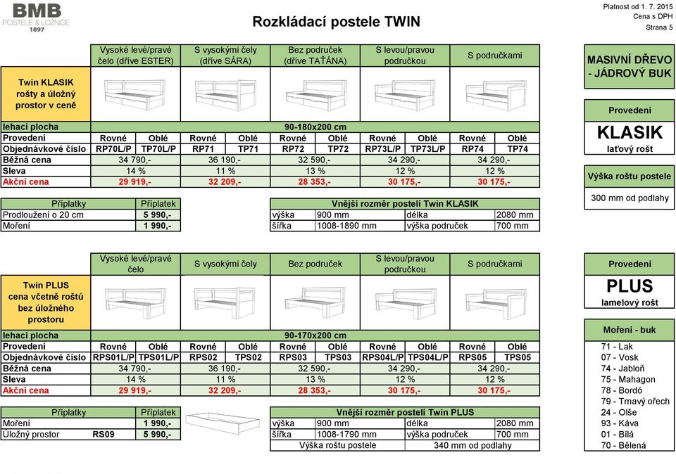 175,- 30 175,- Příplatky Prodloužení o 20 cm Rozkládací postele TWIN Vnější rozměr postelí Twin KLASIK 5 990,- výška 900 mm délka 2080 mm 1 990,- šířka 1008-1890 mm výška područek 700 mm s DPH Strana