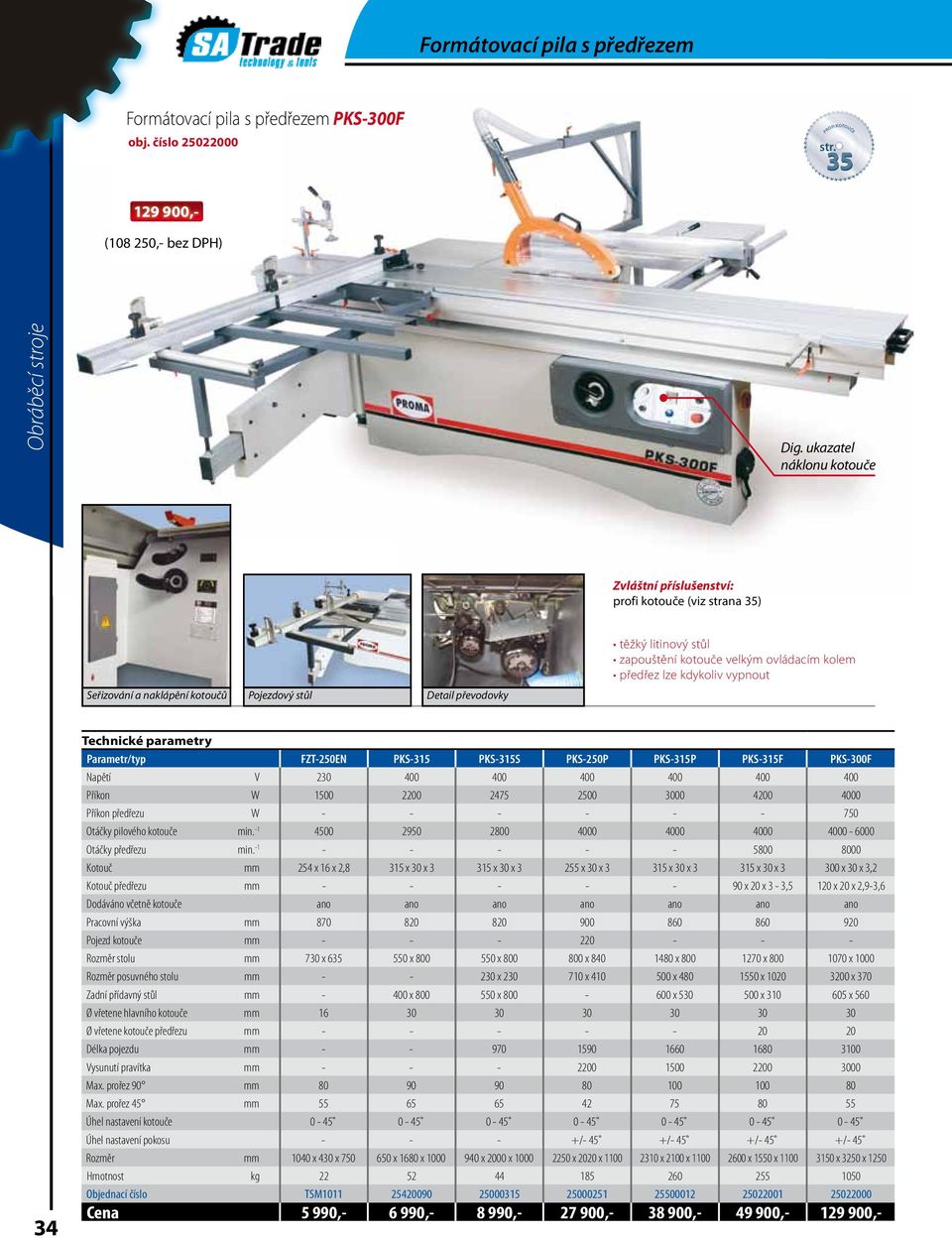kolem předřez lze kdykoliv vypnout 34 Parametr/typ FZT-250EN PKS-315 PKS-315S PKS-250P PKS-315P PKS-315F PKS-300F Napětí V 230 400 400 400 400 400 400 Příkon W 1500 2200 2475 2500 3000 4200 4000