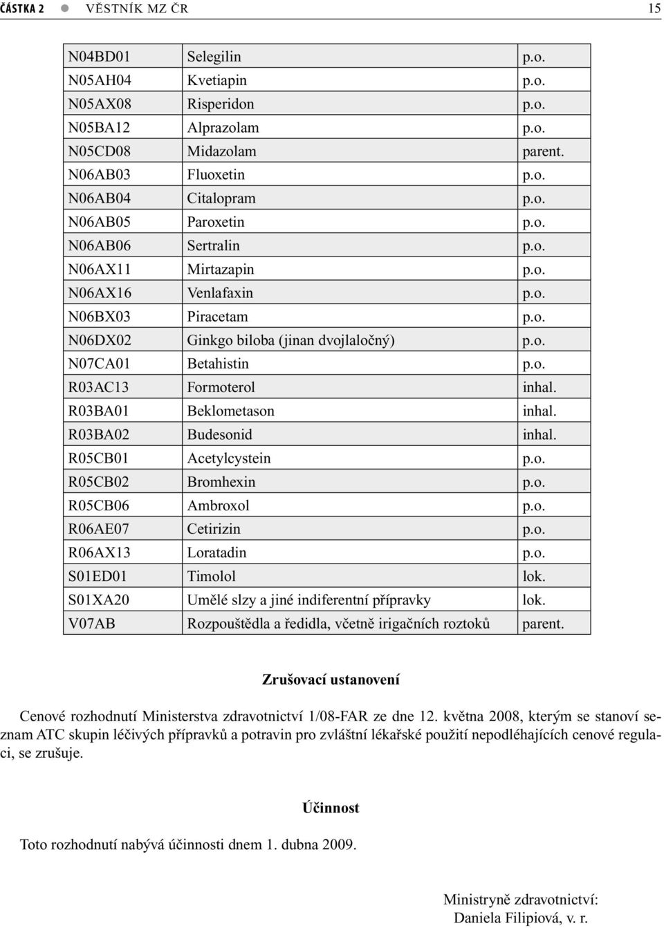 R03BA01 Beklometason inhal. R03BA02 Budesonid inhal. R05CB01 Acetylcystein p.o. R05CB02 Bromhexin p.o. R05CB06 Ambroxol p.o. R06AE07 Cetirizin p.o. R06AX13 Loratadin p.o. S01ED01 Timolol lok.