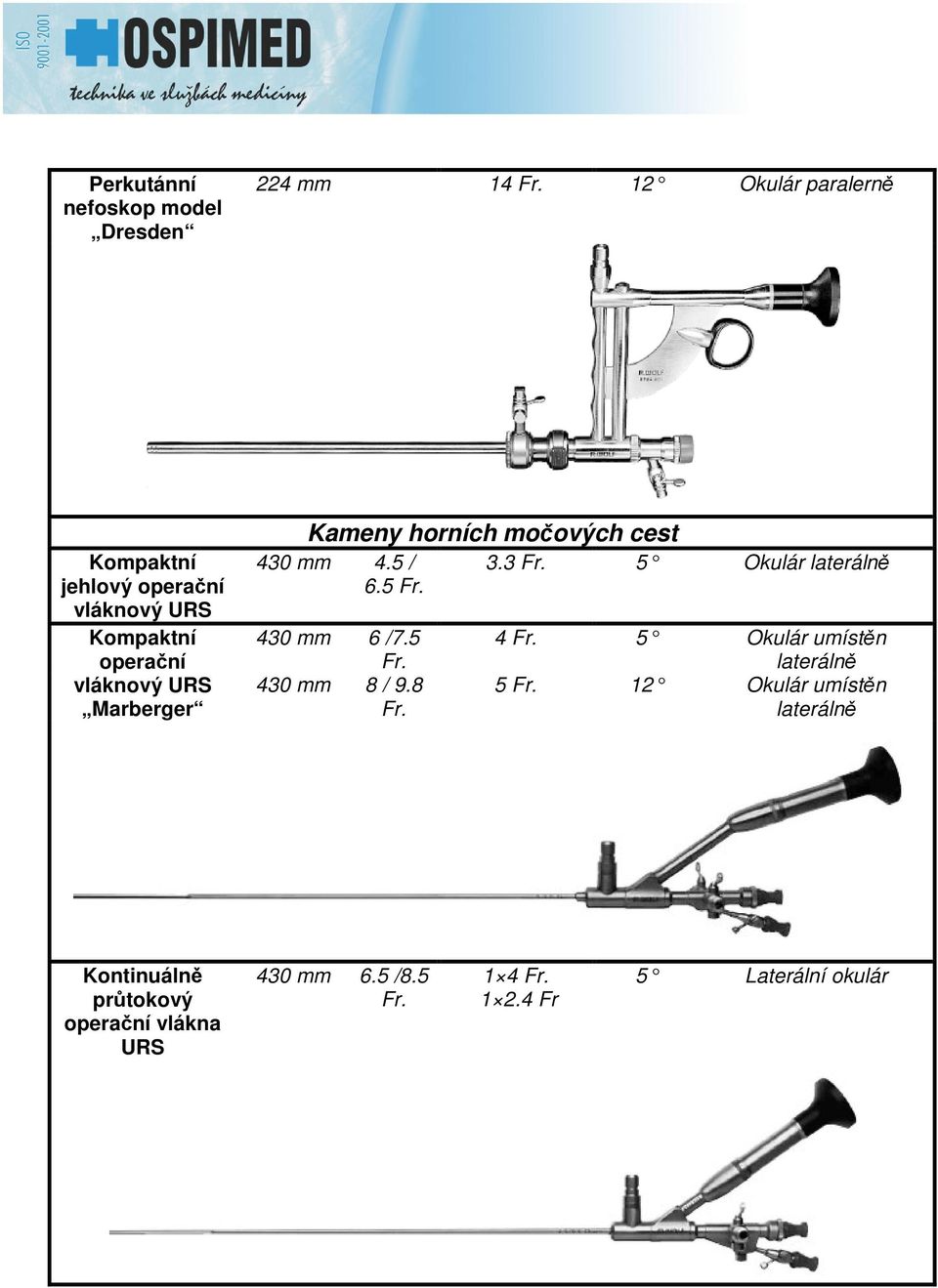 Kameny horních moových cest 430 mm 4.5 / 6.5 Fr. 430 mm 6 /7.5 Fr. 430 mm 8 / 9.8 Fr. 3.3 Fr.