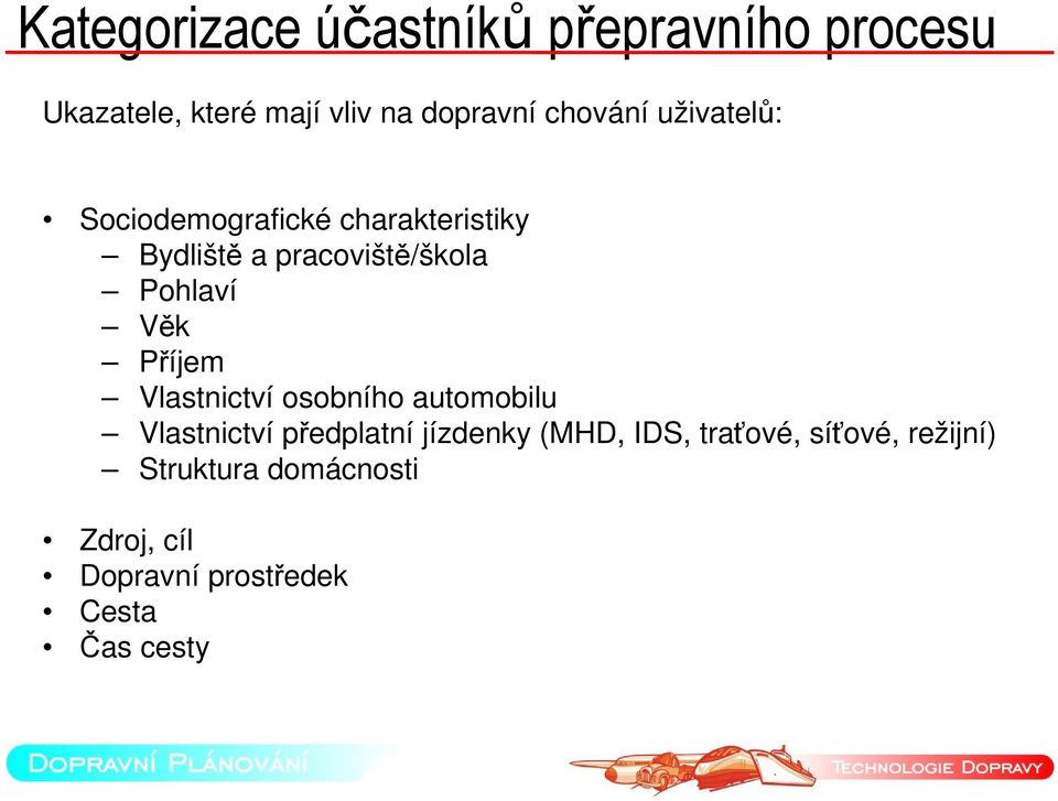 Pohlaví Věk Příjem Vlastnictví osobního automobilu Vlastnictví předplatní jízdenky