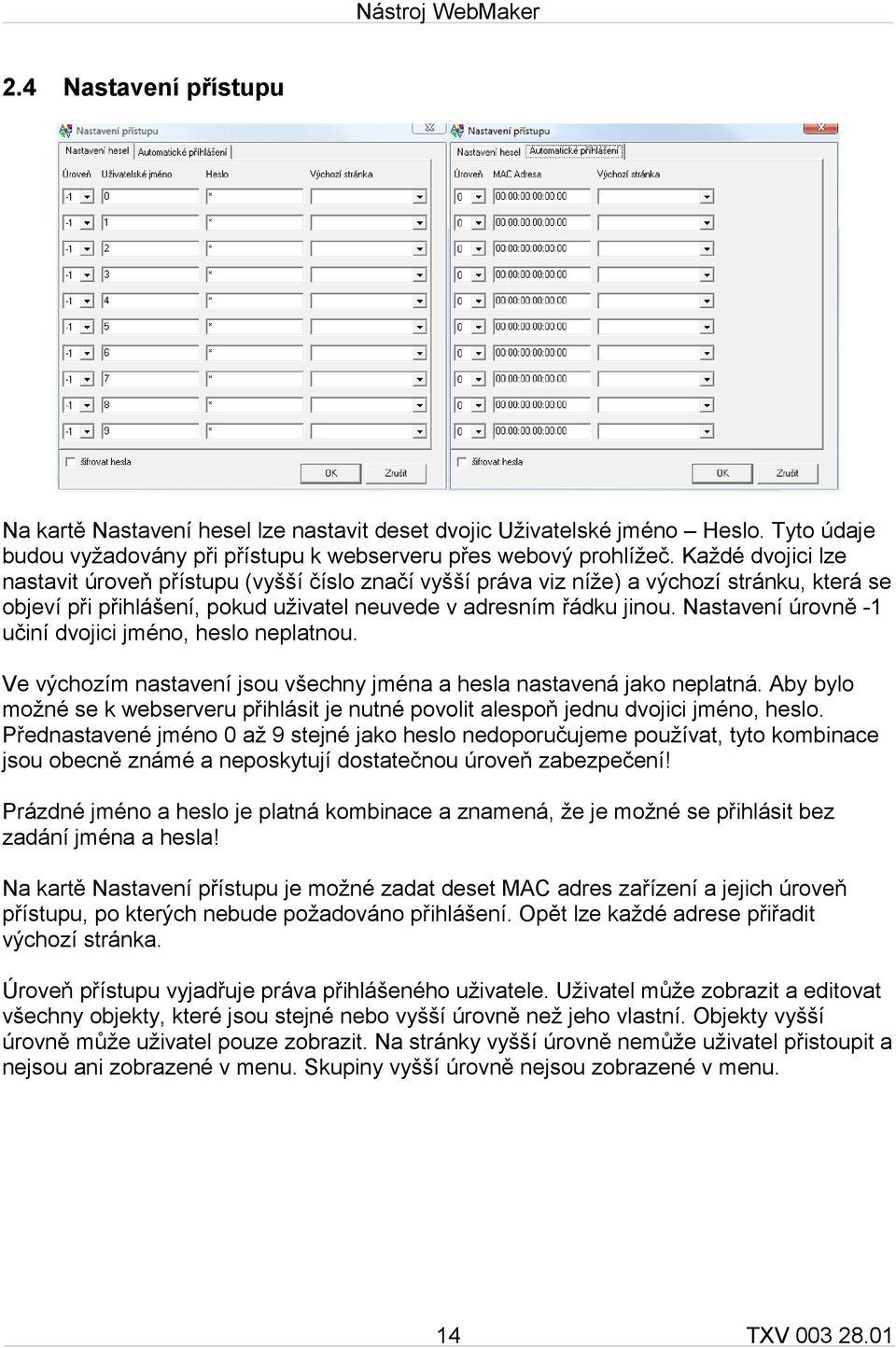 Nastavení úrovně -1 učiní dvojici jméno, heslo neplatnou. Ve výchozím nastavení jsou všechny jména a hesla nastavená jako neplatná.