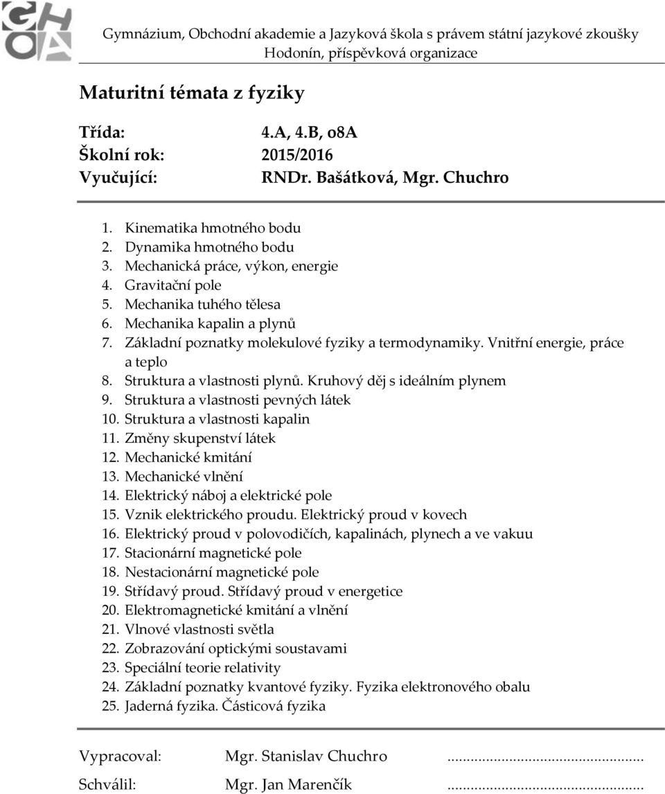 Kruhový děj s ideálním plynem 9. Struktura a vlastnosti pevných látek 10. Struktura a vlastnosti kapalin 11. Změny skupenství látek 12. Mechanické kmitání 13. Mechanické vlnění 14.