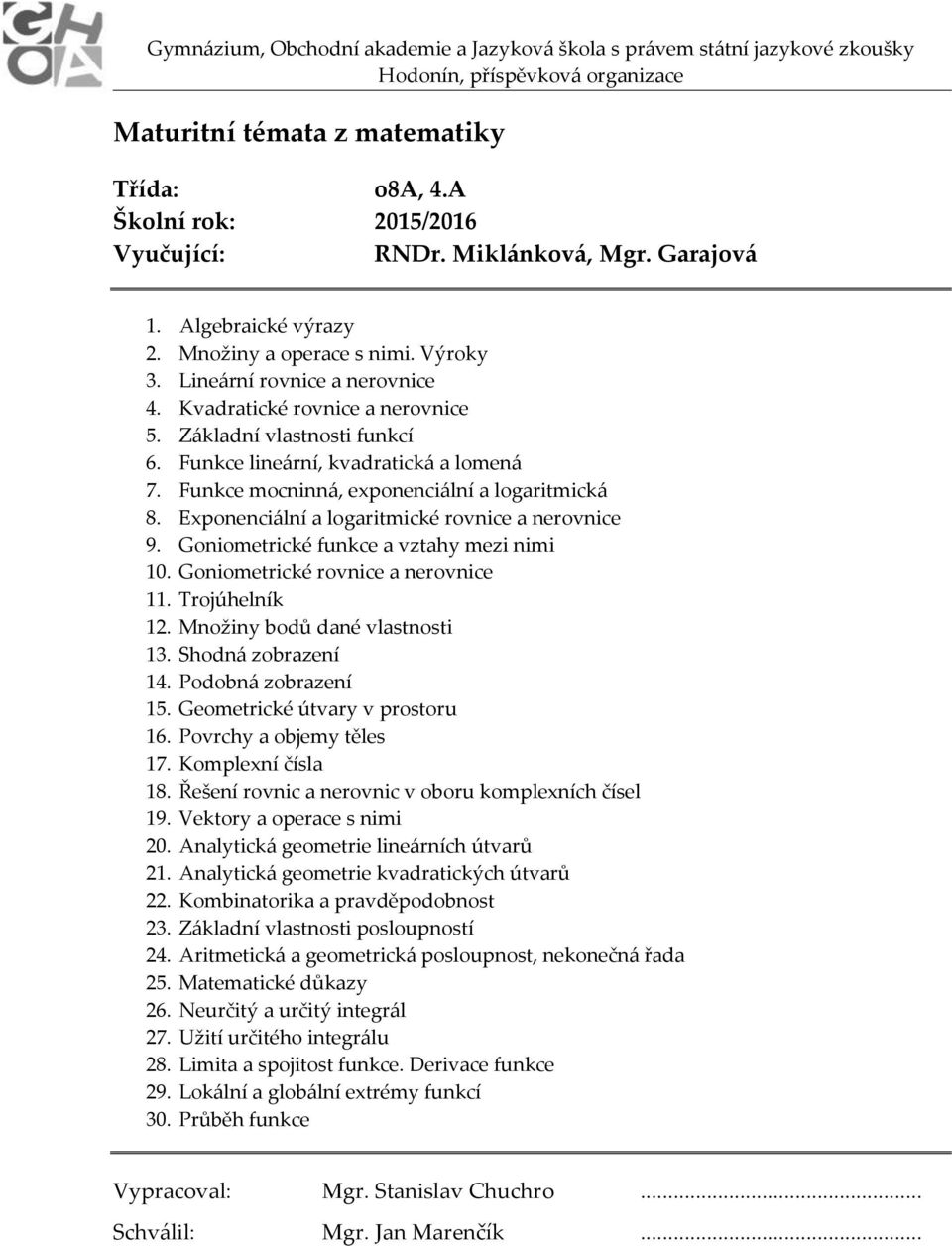 Goniometrické funkce a vztahy mezi nimi 10. Goniometrické rovnice a nerovnice 11. Trojúhelník 12. Množiny bodů dané vlastnosti 13. Shodná zobrazení 14. Podobná zobrazení 15.