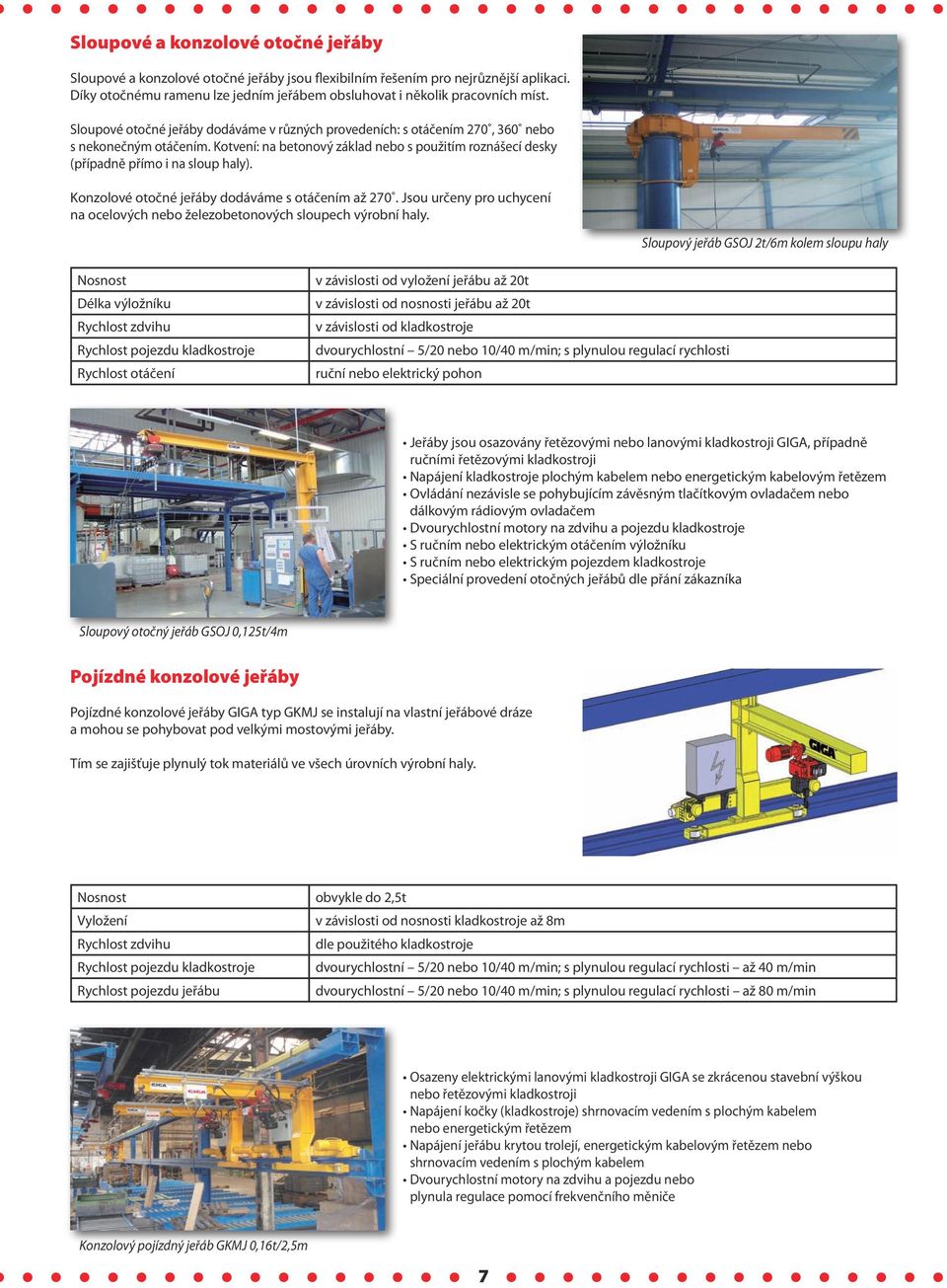 Konzolové otočné jeřáby dodáváme s otáčením až 270. Jsou určeny pro uchycení na ocelových nebo železobetonových sloupech výrobní haly.