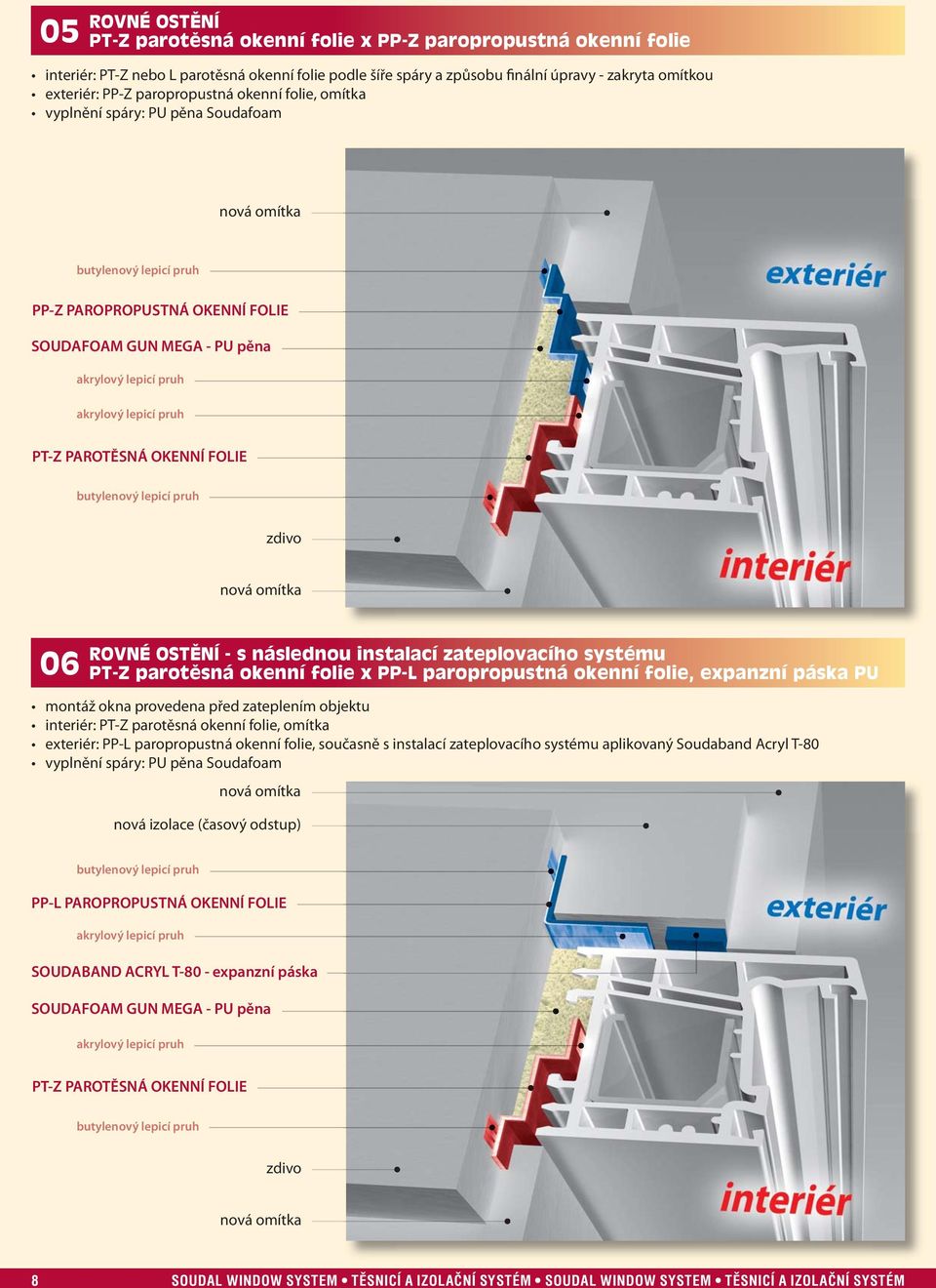 folie, expanzní páska PU montáž okna provedena před zateplením objektu interiér: PT-Z parotěsná okenní folie, omítka exteriér: PP-L paropropustná okenní folie, současně s instalací