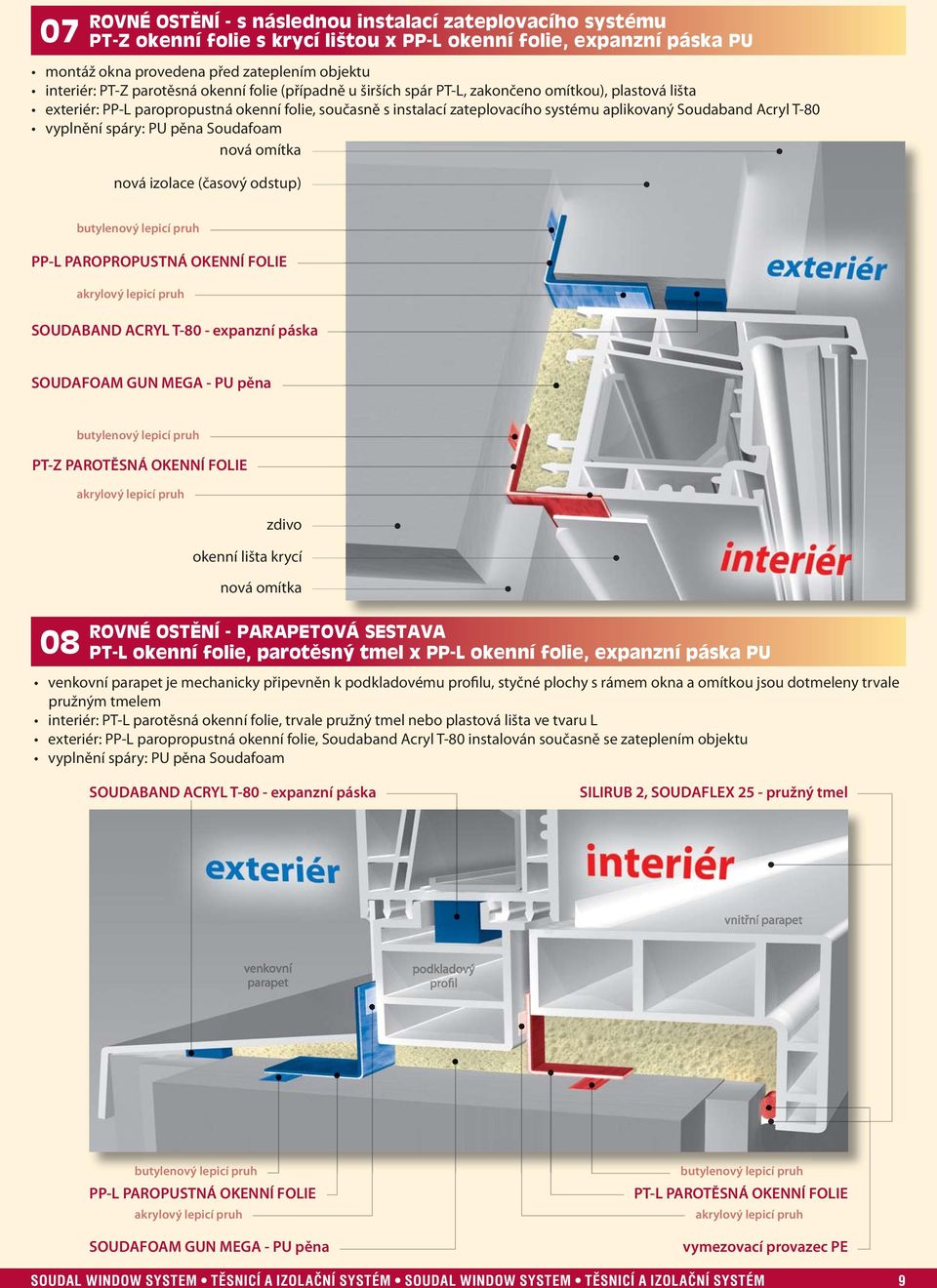 Acryl T-80 nová izolace (časový odstup) PP-L PAROPROPUSTNÁ OKENNÍ FOLIE 08 okenní lišta krycí ROVNÉ OSTĚNÍ - PARAPETOVÁ SESTAVA PT-L okenní folie, parotěsný tmel x PP-L okenní folie, expanzní páska