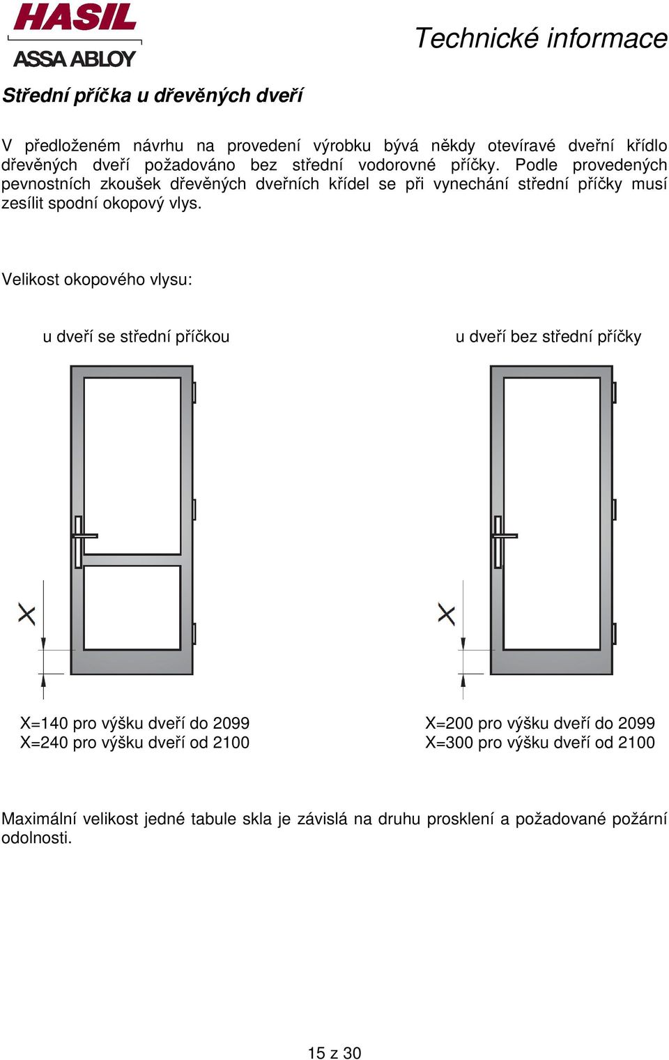 Velikost okopového vlysu: u dveří se střední příčkou u dveří bez střední příčky X=140 pro výšku dveří do 2099 X=200 pro výšku dveří do 2099 X=240 pro
