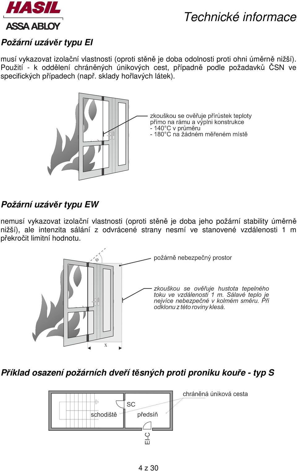 Požární uzávěr typu EW nemusí vykazovat izolační vlastnosti (oproti stěně je doba jeho požární stability úměrně nižší), ale intenzita