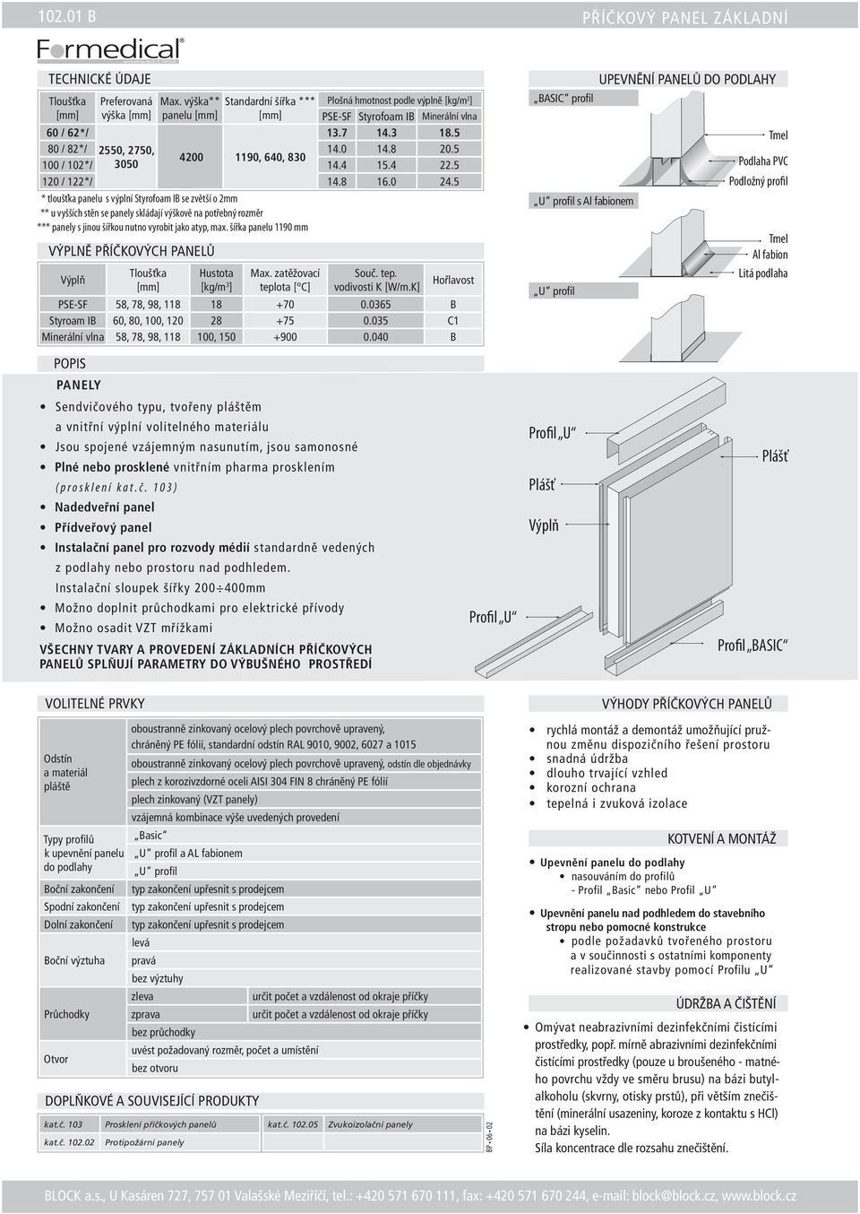 šířka panelu 1190 mm VÝPLNĚ PŘÍČKOVÝCH PANELŮ Výplň Preferovaná výška Tloušťka Max. výška** panelu Hustota [kg/m 3 ] Standardní šířka *** Max.