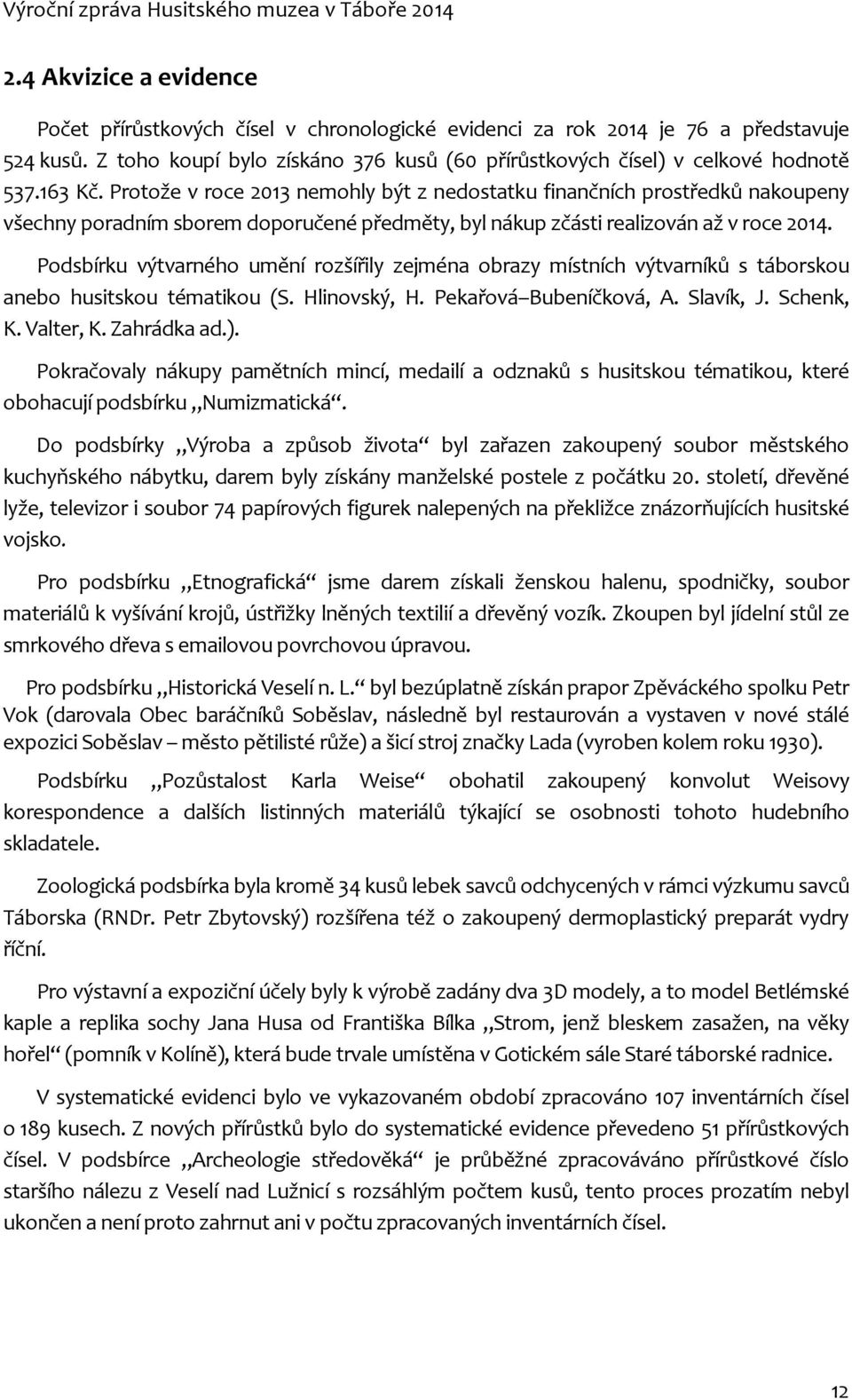 Podsbírku výtvarného umění rozšířily zejména obrazy místních výtvarníků s táborskou anebo husitskou tématikou (S. Hlinovský, H. Pekařová Bubeníčková, A. Slavík, J. Schenk, K. Valter, K. Zahrádka ad.).