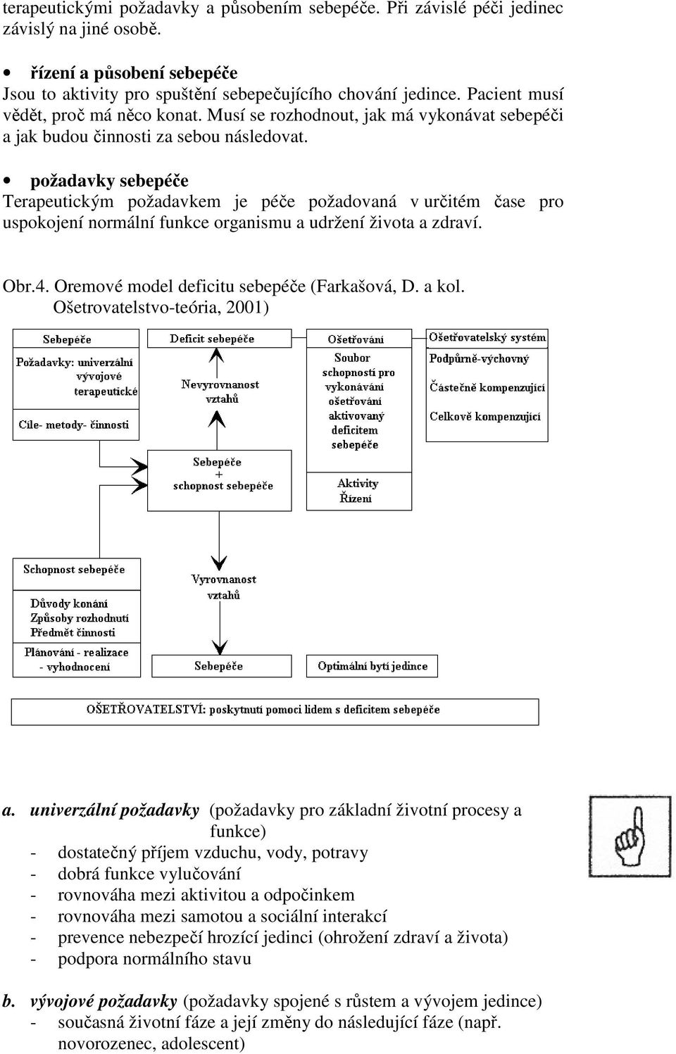 požadavky sebepéče Terapeutickým požadavkem je péče požadovaná v určitém čase pro uspokojení normální funkce organismu a udržení života a zdraví. Obr.4. Oremové model deficitu sebepéče (Farkašová, D.