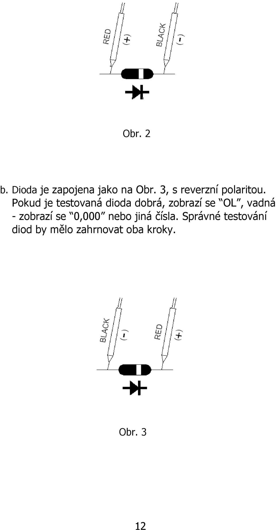 Pokud je testovaná dioda dobrá, zobrazí se OL, vadná