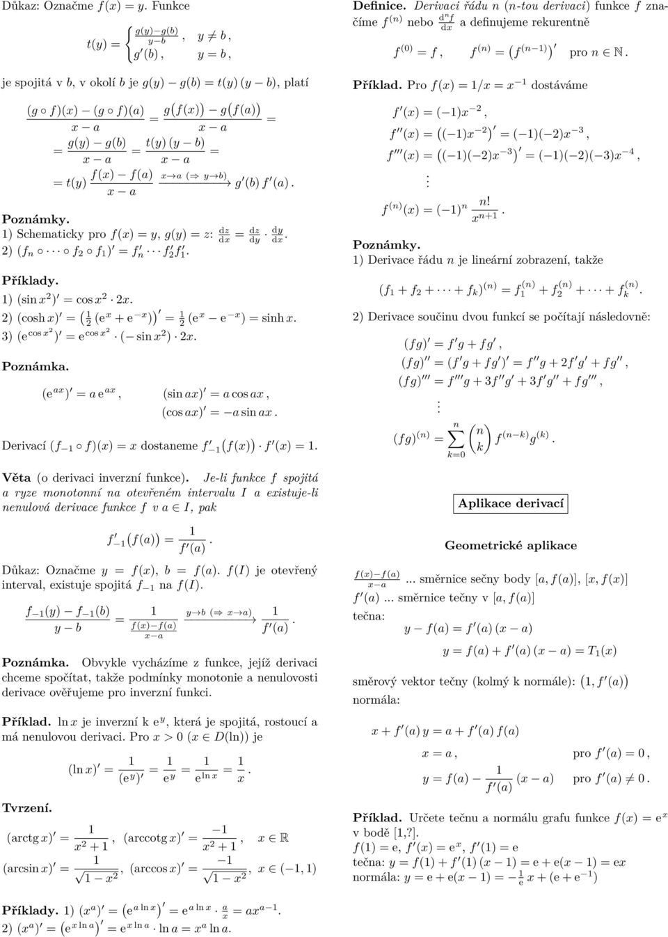 f) ) f ) Vět o derivci inverzní funkce) Je-li funkce f spojitá ryze monotonní n otevřeném intervlu I eistuje-li nenulová derivce funkce f v I, pk f ) f) f ) Důkz: Oznčme y f), b f) fi) je otevřený