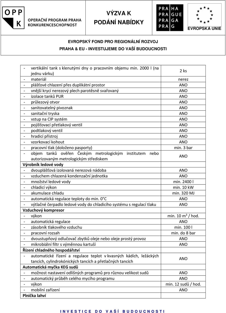 pivoznak - sanitační tryska - vstup na CIP systém - pojišťovací přetlakový ventil - podtlakový ventil - hradicí přístroj - vzorkovací kohout - pracovní tlak (doloženo pasporty) min.