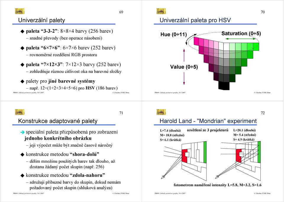 12 (1+2+3+4+5+6) pro HSV (186 barev) Hue (0 11) Value (0 5) Saturation (0 5) 71 72 Konstrukce adaptované palety Harold Land - "Mondrian" experiment speciální paleta přizpůsobená pro zobrazení jednoho