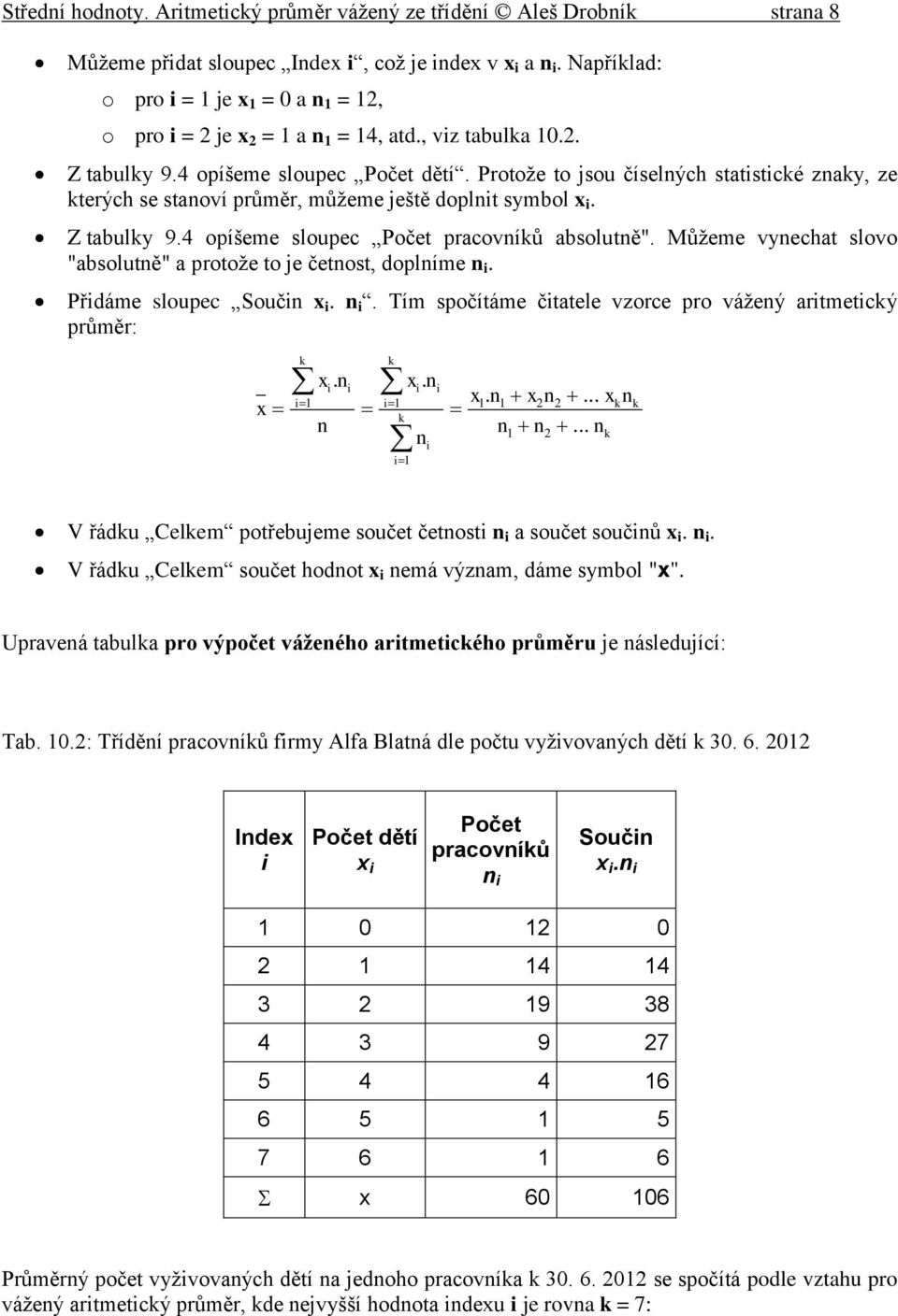 to je četost, doplíme Přdáme sloupec Souč Tím spočítáme čtatele vzorce pro vážeý artmetcý průměr: V řádu Celem potřebujeme součet četost a součet součů V řádu Celem součet hodot emá výzam, dáme