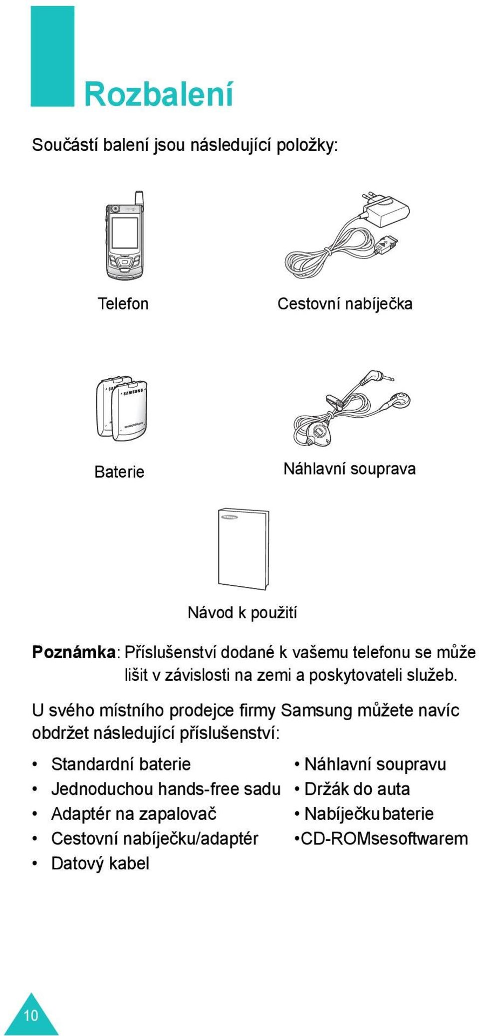 U svého místního prodejce firmy Samsung můžete navíc obdržet následující příslušenství: Standardní baterie Náhlavní