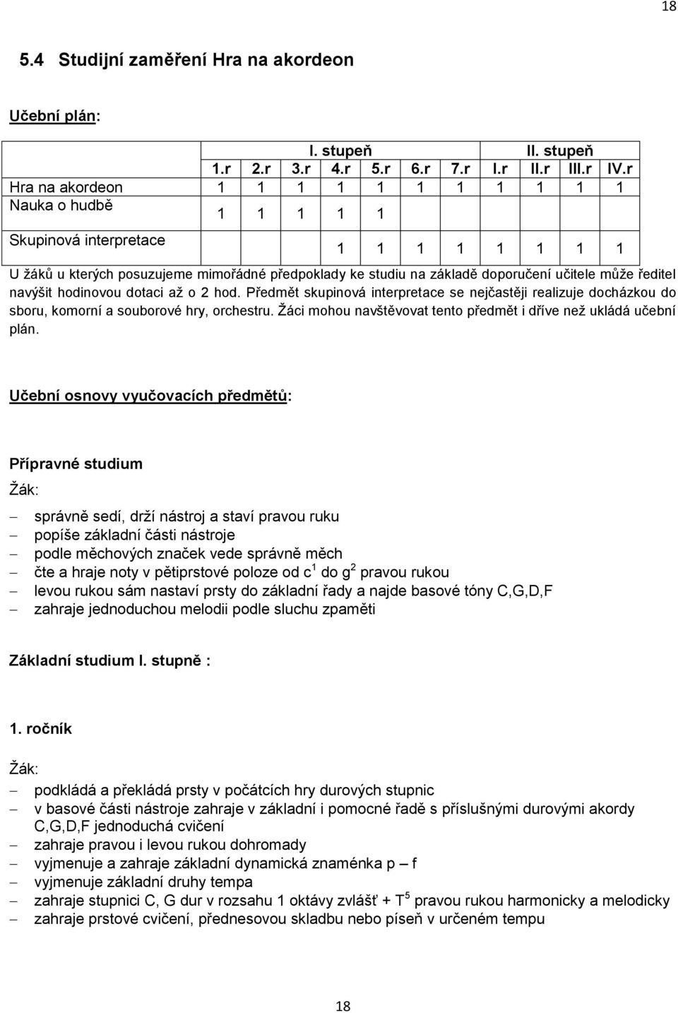 ředitel navýšit hodinovou dotaci až o 2 hod. Předmět skupinová interpretace se nejčastěji realizuje docházkou do sboru, komorní a souborové hry, orchestru.