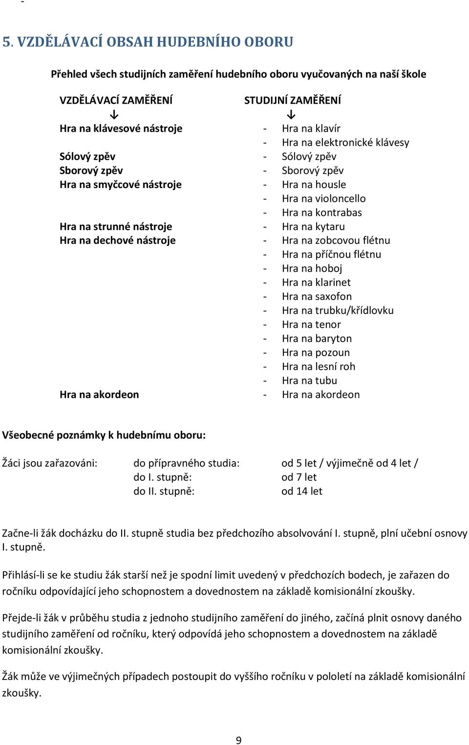 Hra na dechové nástroje - Hra na zobcovou flétnu - Hra na příčnou flétnu - Hra na hoboj - Hra na klarinet - Hra na saxofon - Hra na trubku/křídlovku - Hra na tenor - Hra na baryton - Hra na pozoun -