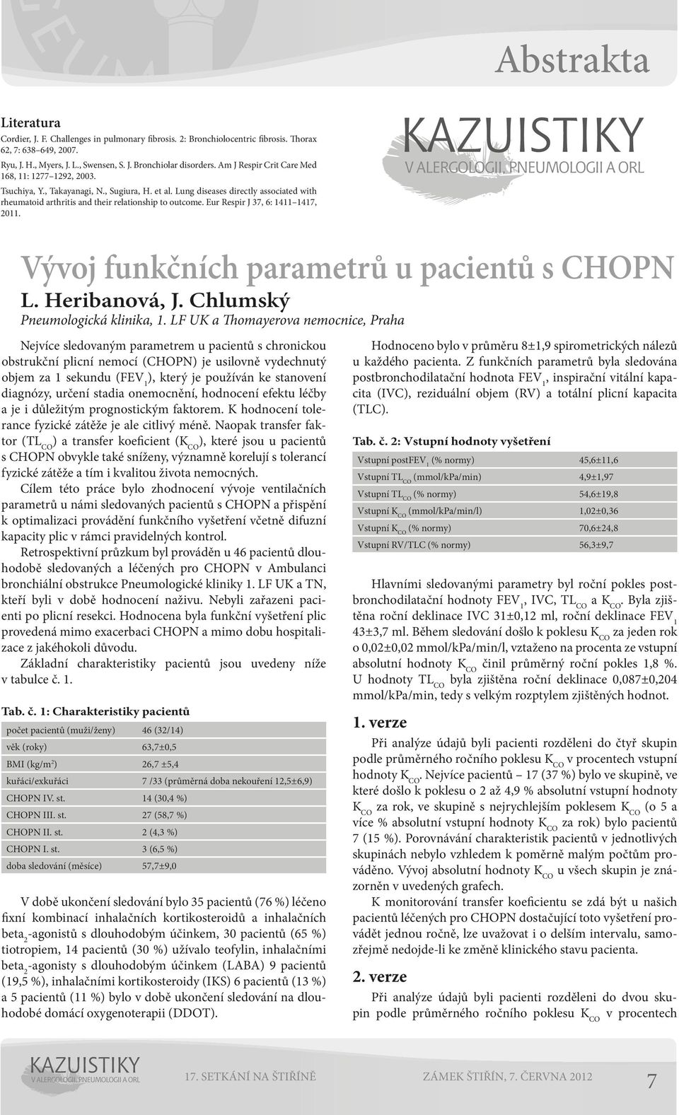 Eur Respir J 37, 6: 4 47, 0. Vývoj funkčních parametrů u pacientů s CHOPN L. Heribanová, J. Chlumský Pneumologická klinika,.