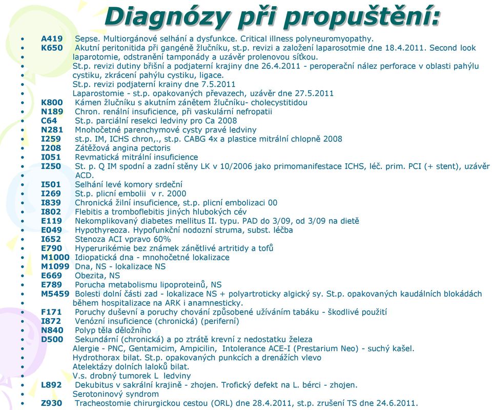 St.p. revizi podjaterní krainy dne 7.5.2011 Laparostomie - st.p. opakovaných převazech, uzávěr dne 27.5.2011 K800 Kámen žlučníku s akutním zánětem žlučníku- cholecystitidou N189 Chron.