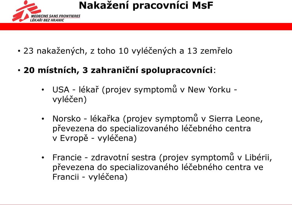 v Sierra Leone, převezena do specializovaného léčebného centra v Evropě - vyléčena) Francie -