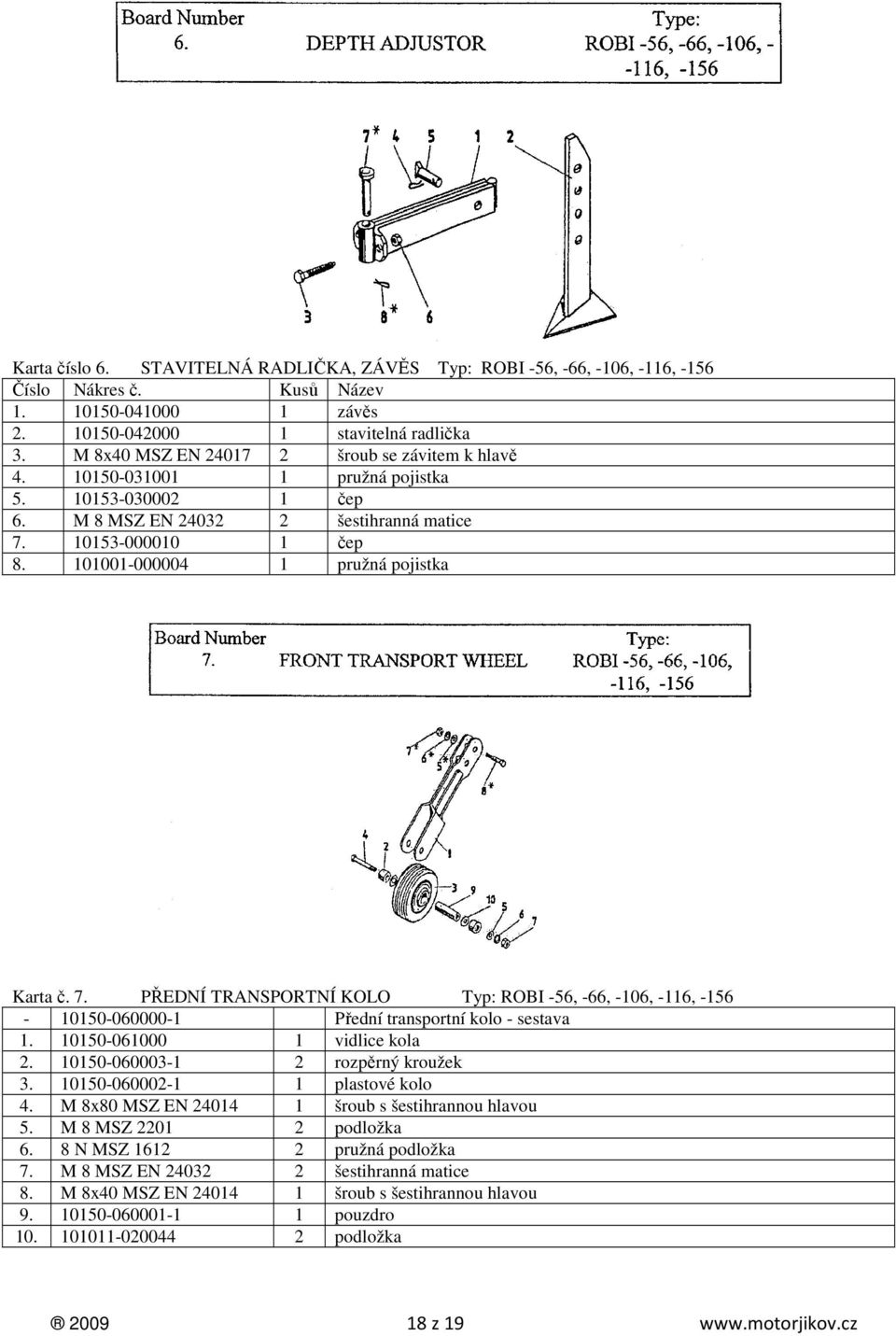 101001-000004 1 pružná pojistka Karta č. 7. PŘEDNÍ TRANSPORTNÍ KOLO Typ: ROBI -56, -66, -106, -116, -156-10150-060000-1 Přední transportní kolo - sestava 1. 10150-061000 1 vidlice kola 2.